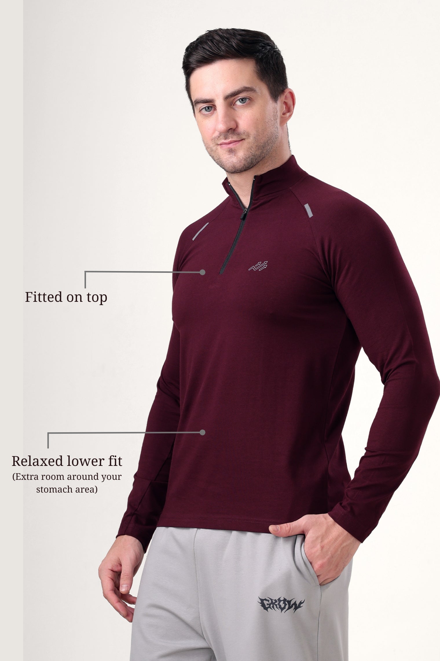 Raglan Quarter Zip T-Shirt (Cotton Feel) Wine