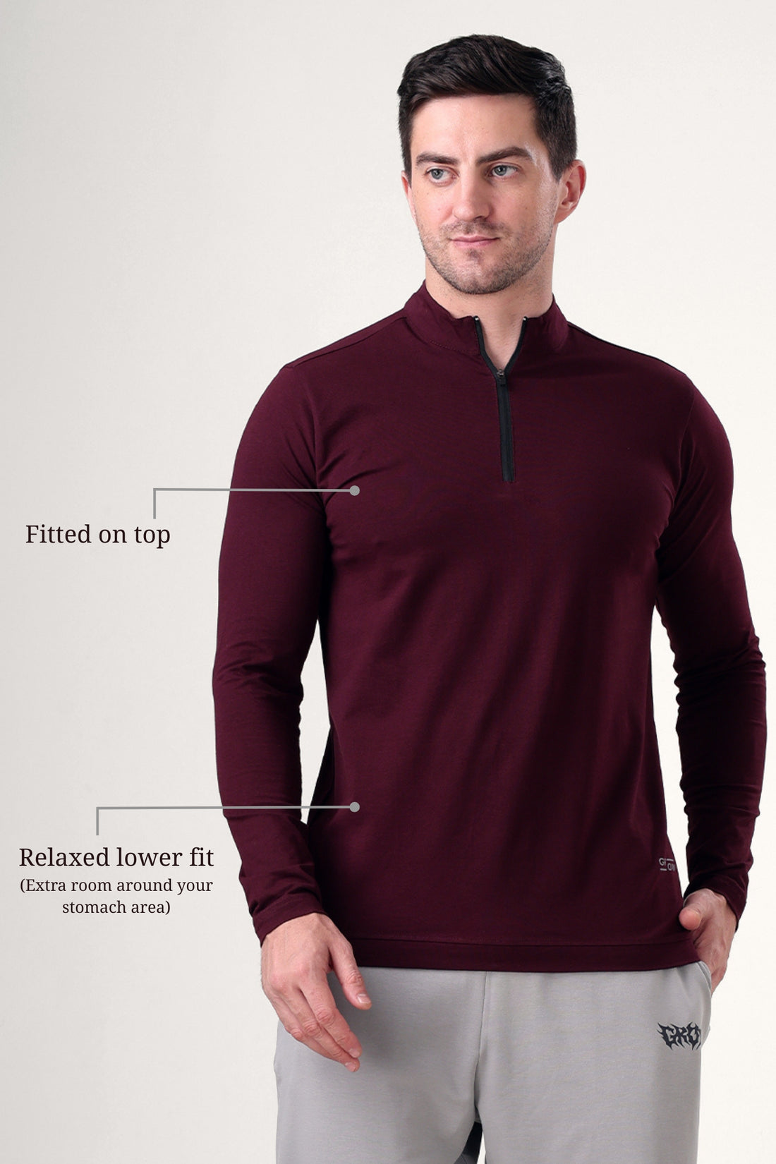 Wolf Quarter Zip T-Shirt (Cotton Feel) Wine