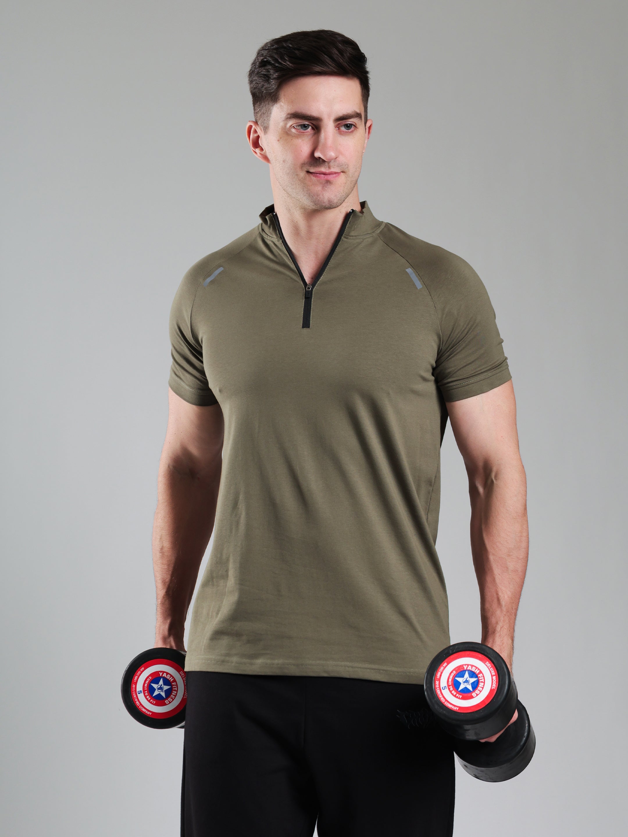 Raglan Quarter Zip Half Sleeves Tshirt Mid Grey