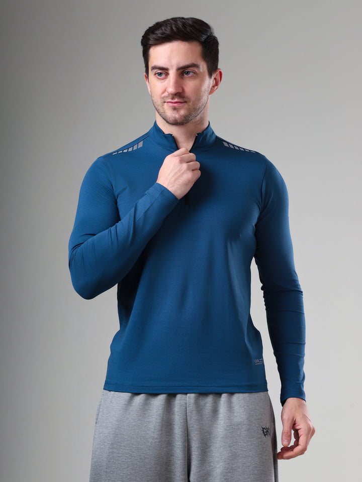 Quarter Zip Solid Full Sleeve T-Shirt (Cotton Feel) Airforce
