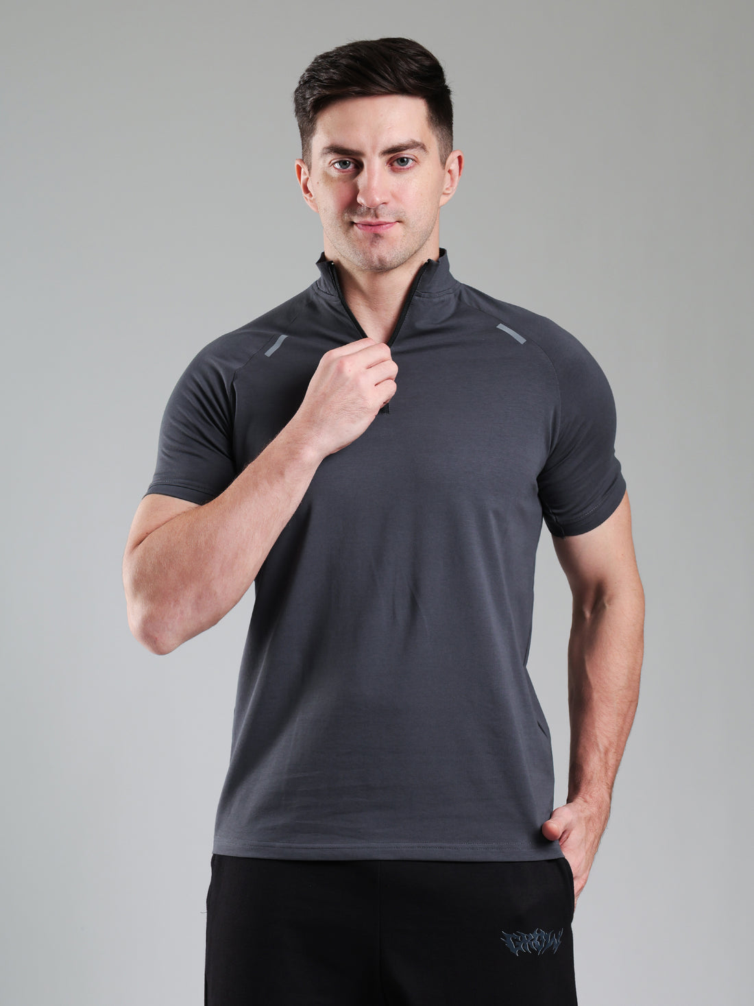 Raglan Quarter Zip Half Sleeves Tshirt Dark Grey