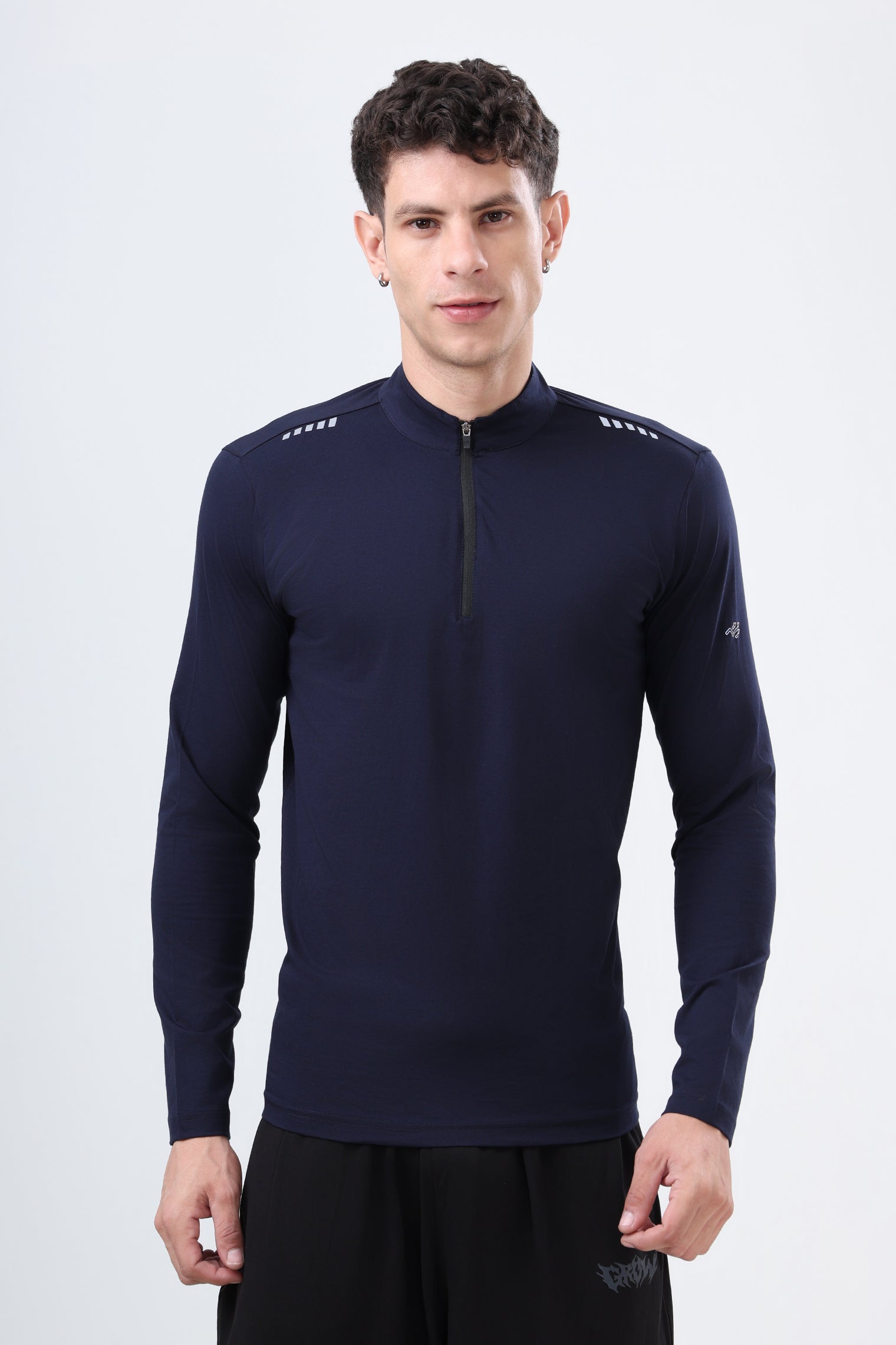 Quarter Zip Solid Full Sleeve T-Shirt (Cotton Feel) Navy