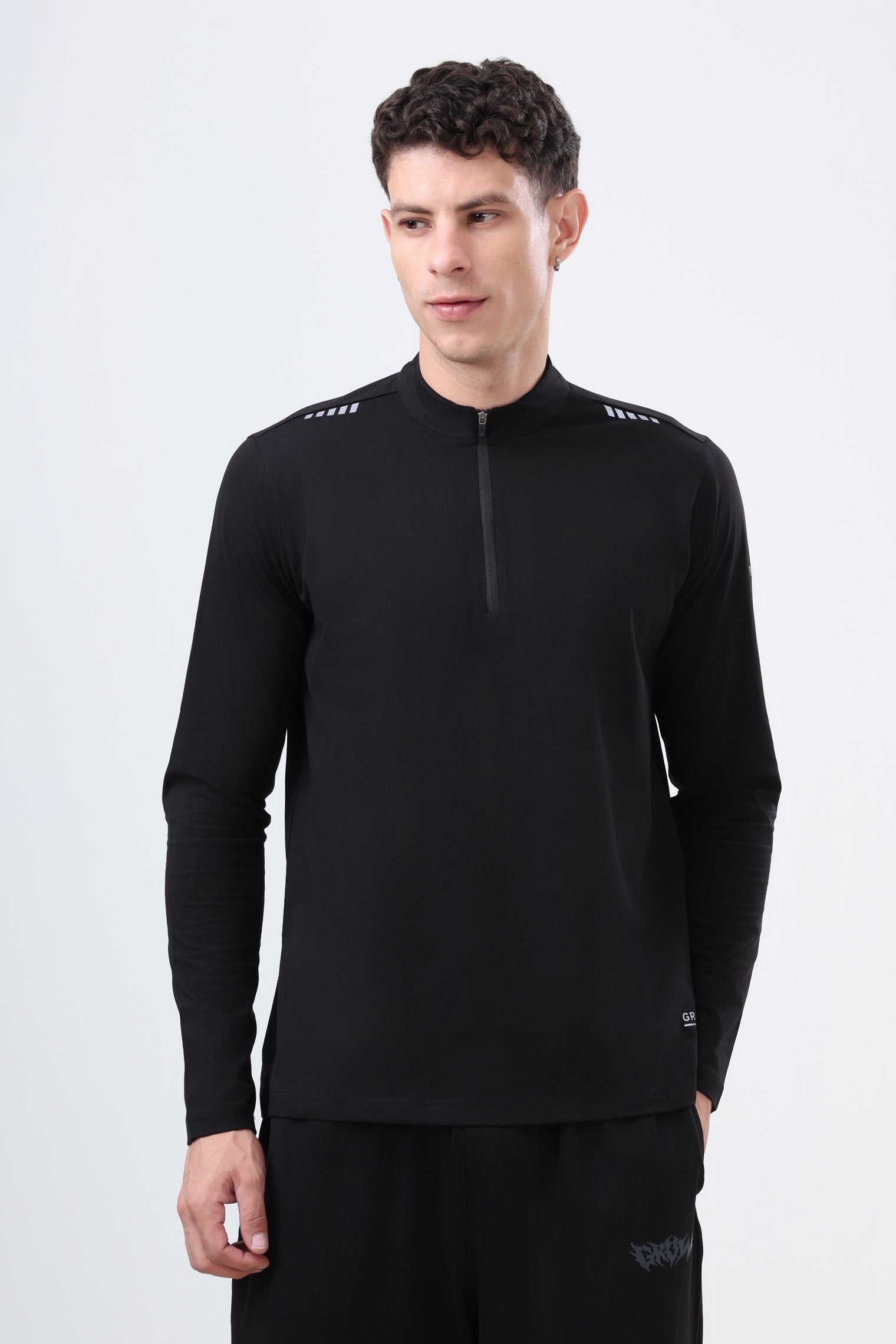 Quarter Zip Solid Full Sleeve T-Shirt (Cotton Feel) Black
