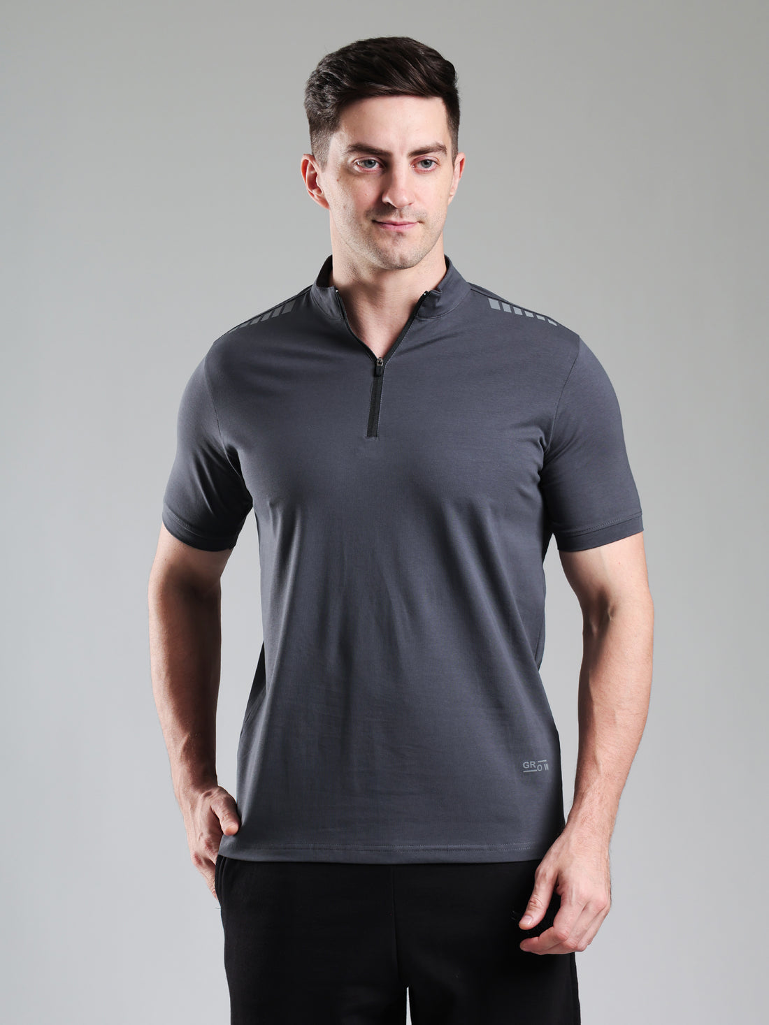 Quarter Zip Solid Half Sleeves Tshirt Dark Grey