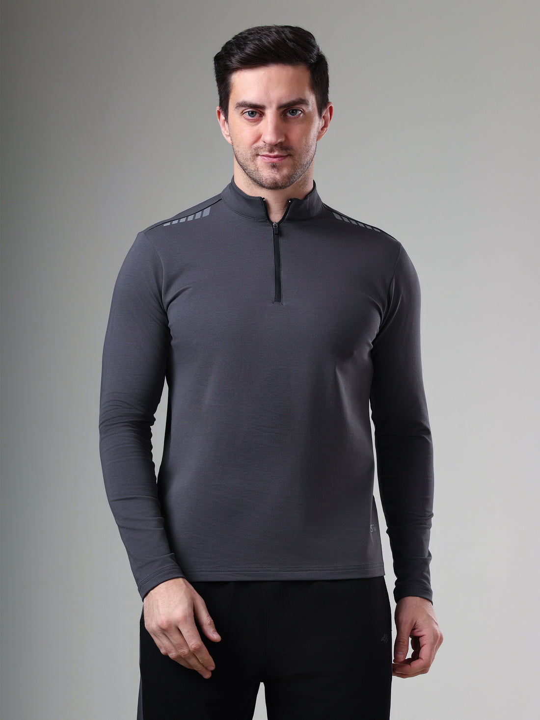 Quarter Zip Solid Full Sleeve T-Shirt (Cotton Feel) Dark Grey
