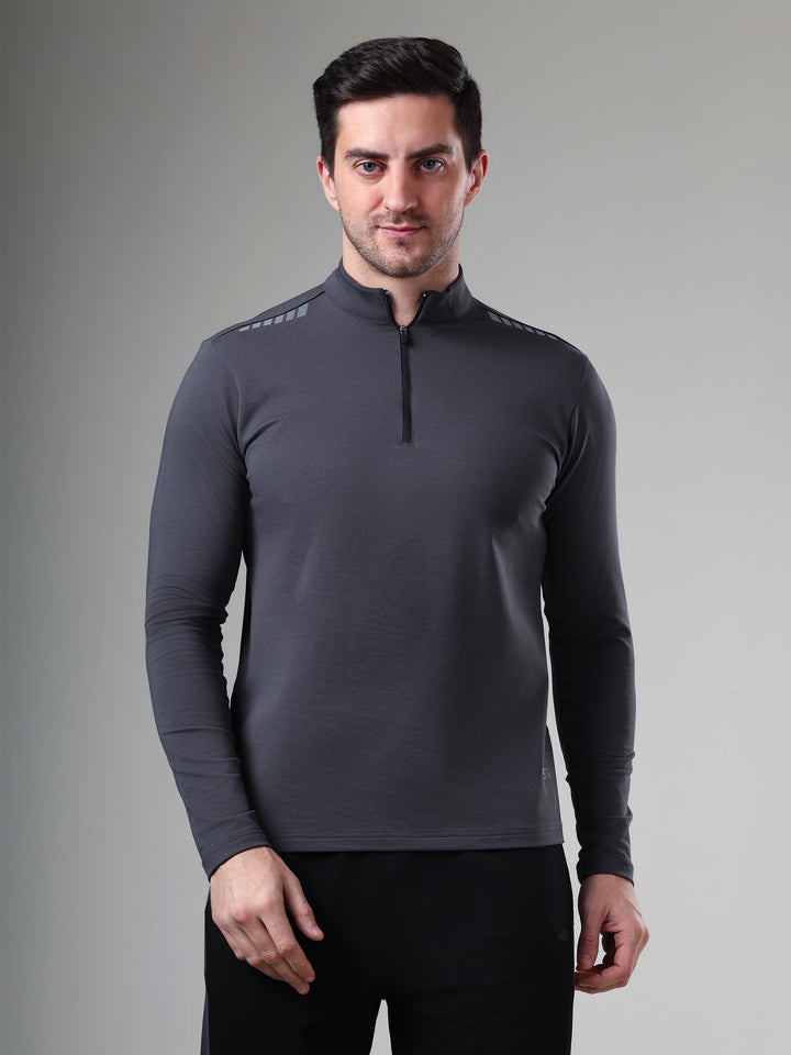 Quarter Zip Solid Full Sleeve T-Shirt (Cotton Feel) Dark Grey