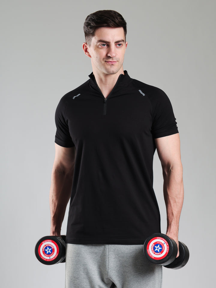 Raglan Quarter Zip Half Sleeves Tshirt Black