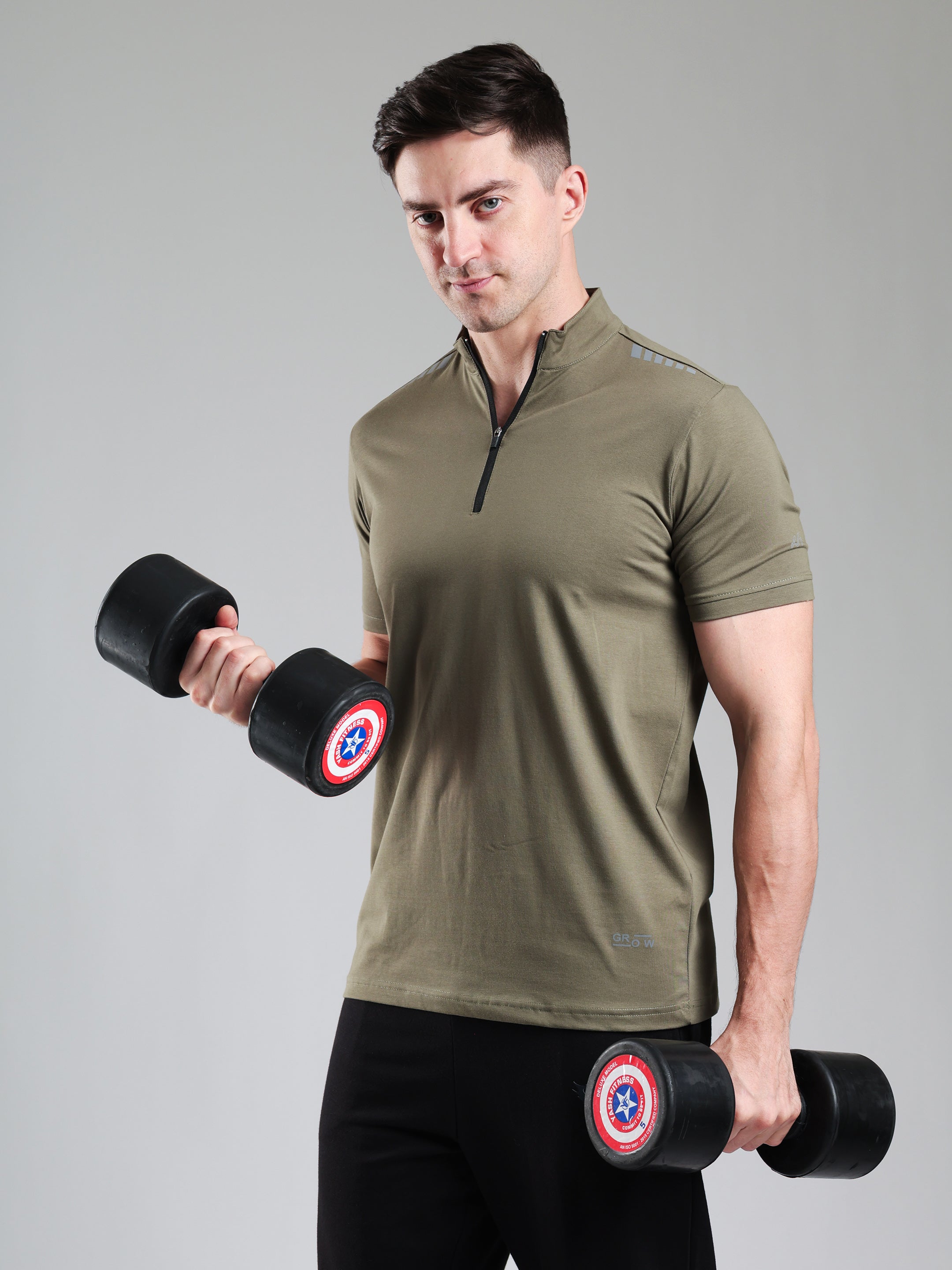 Quarter Zip Solid Half Sleeves Tshirt Mid Grey