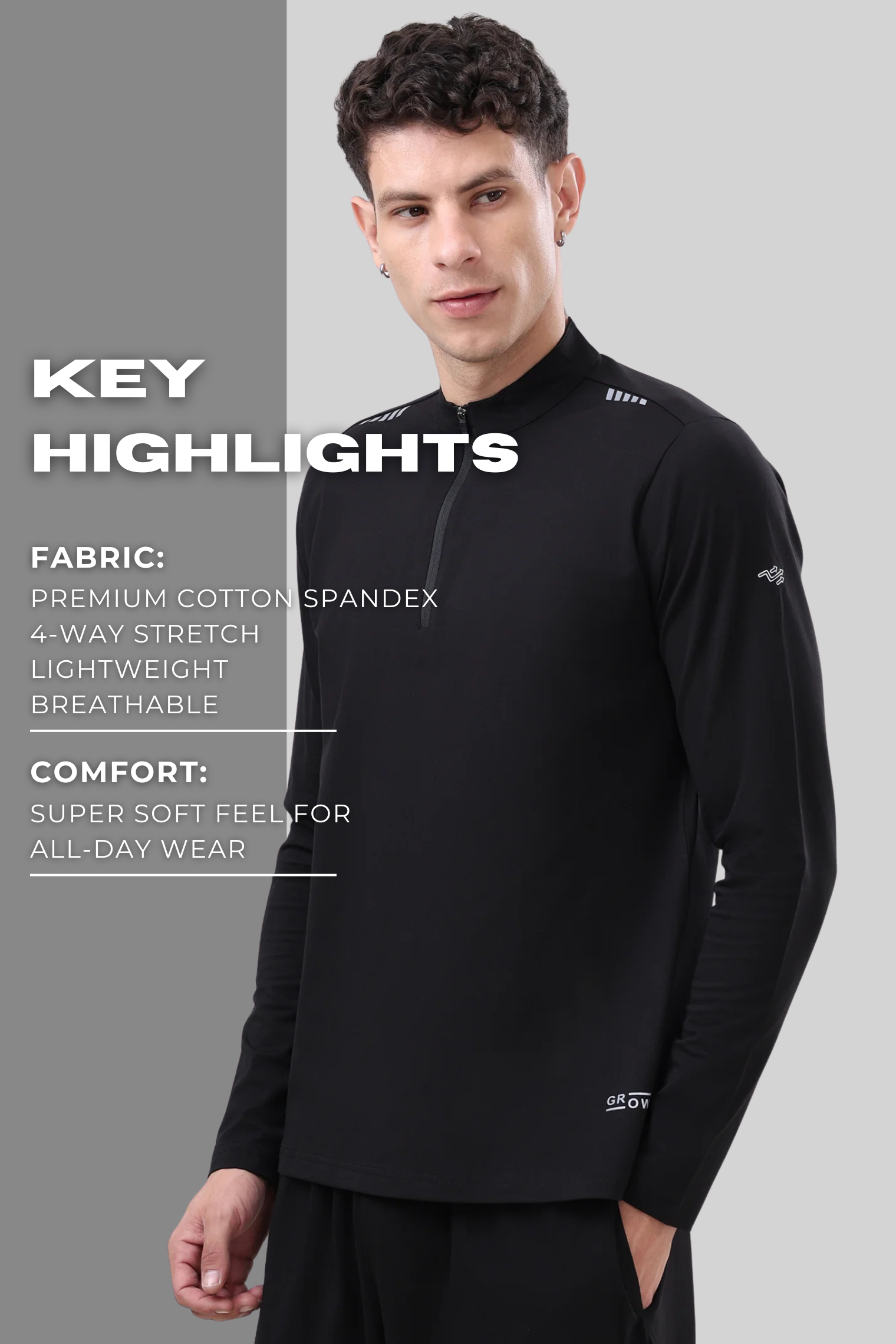 Quarter Zip Solid Full Sleeve T-Shirt (Cotton Feel) Black