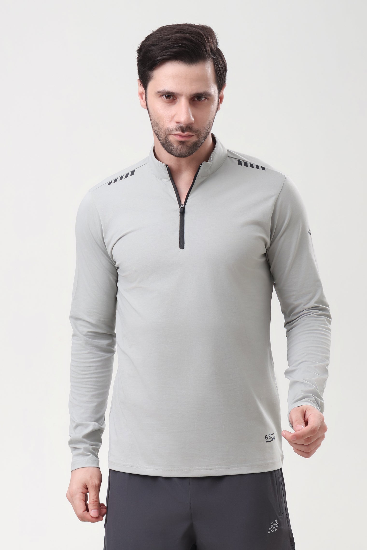 Quarter Zip Solid Full Sleeve T-Shirt (Cotton Feel) Light Grey