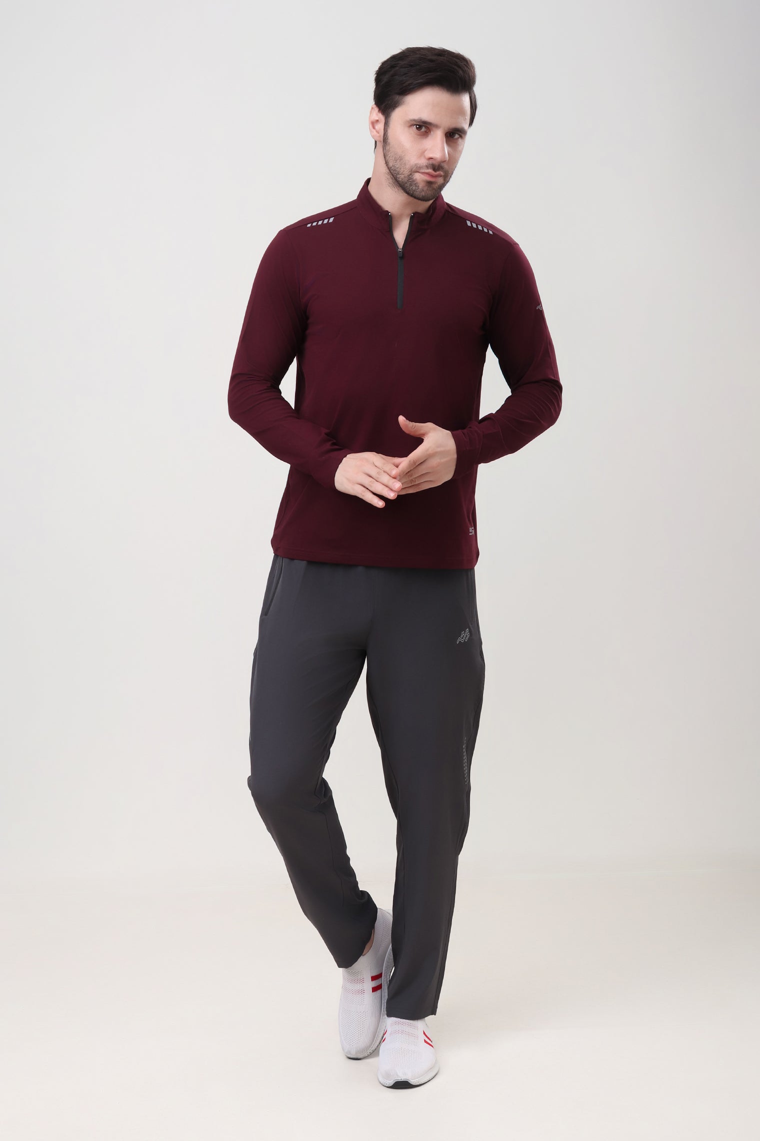 Quarter Zip Solid Full Sleeve T-Shirt (Cotton Feel) Wine