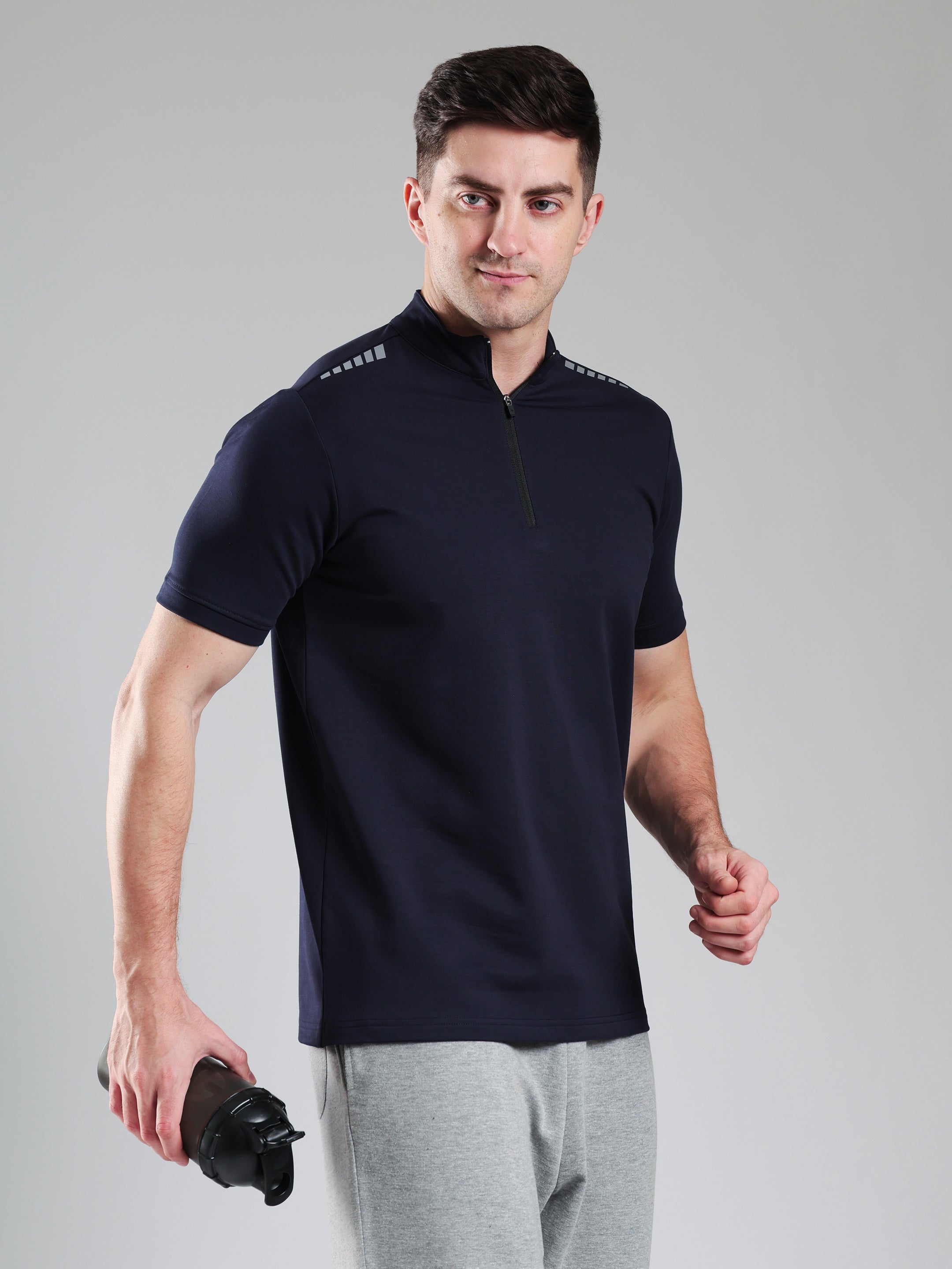 Quarter Zip Solid Half Sleeves Tshirt Navy
