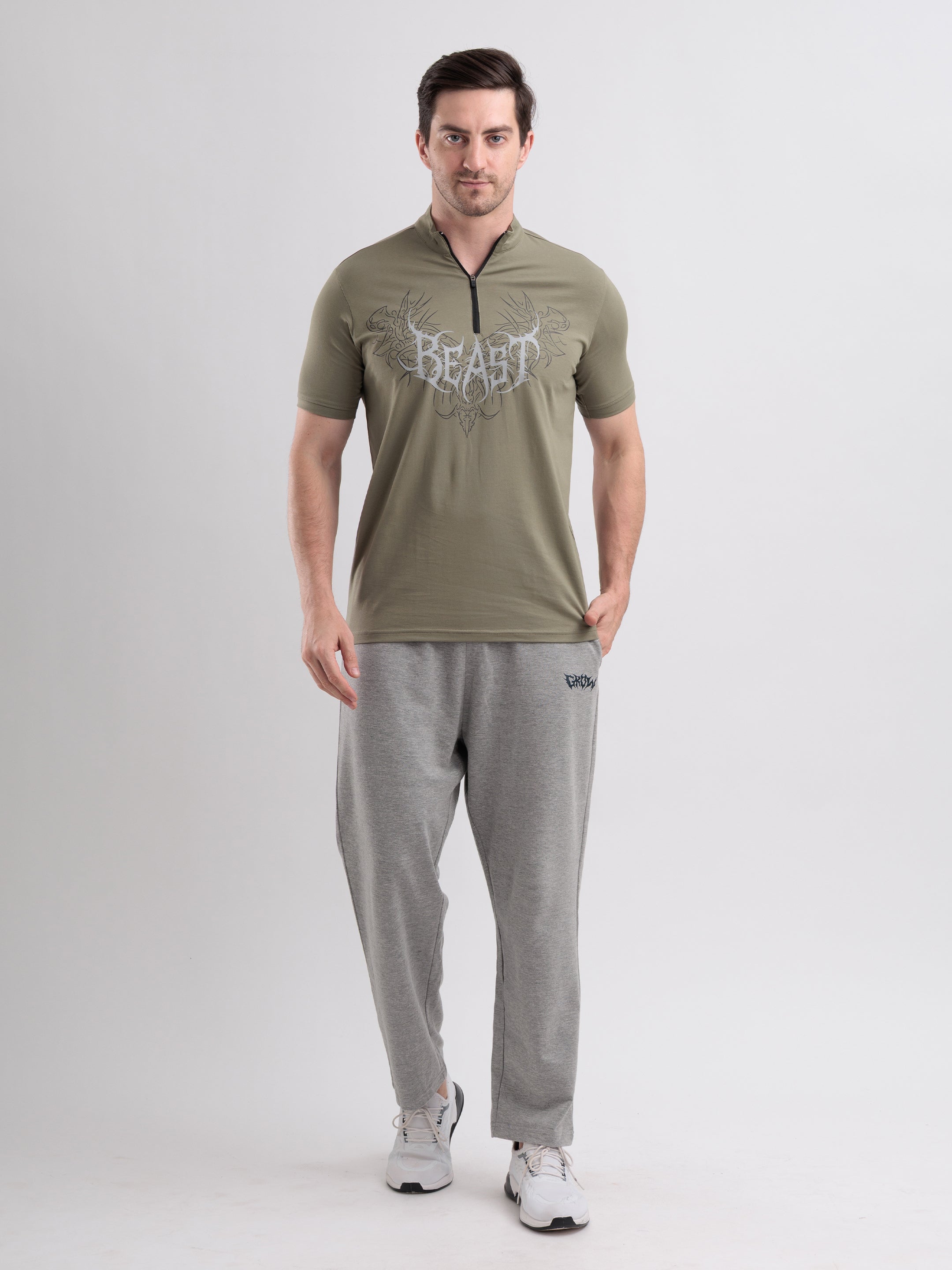 Beast Quarter Zip Tshirt Mid Grey