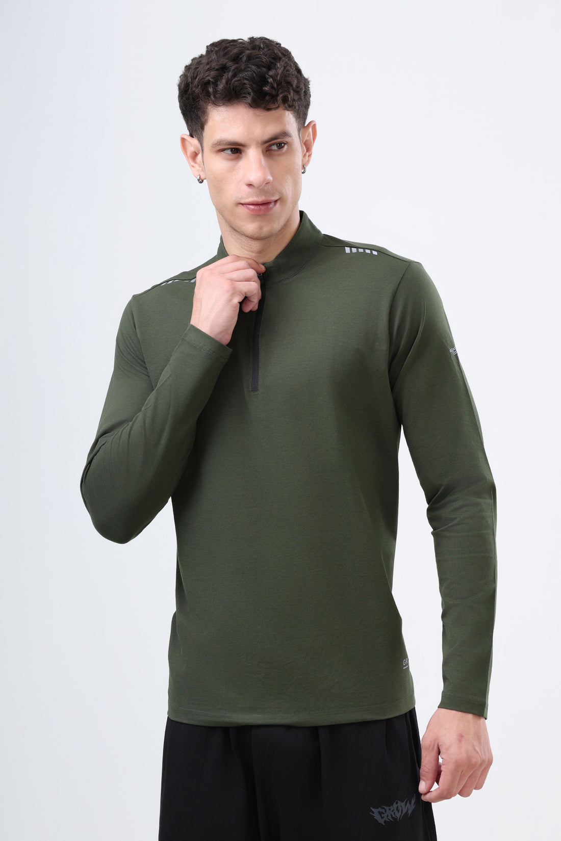 Quarter Zip Solid Full Sleeve T-Shirt (Cotton Feel) Olive