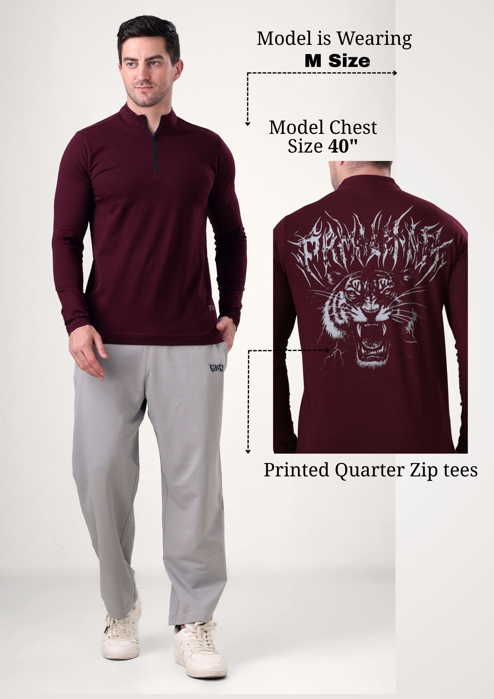 Wolf Quarter Zip T-Shirt (Cotton Feel) Wine