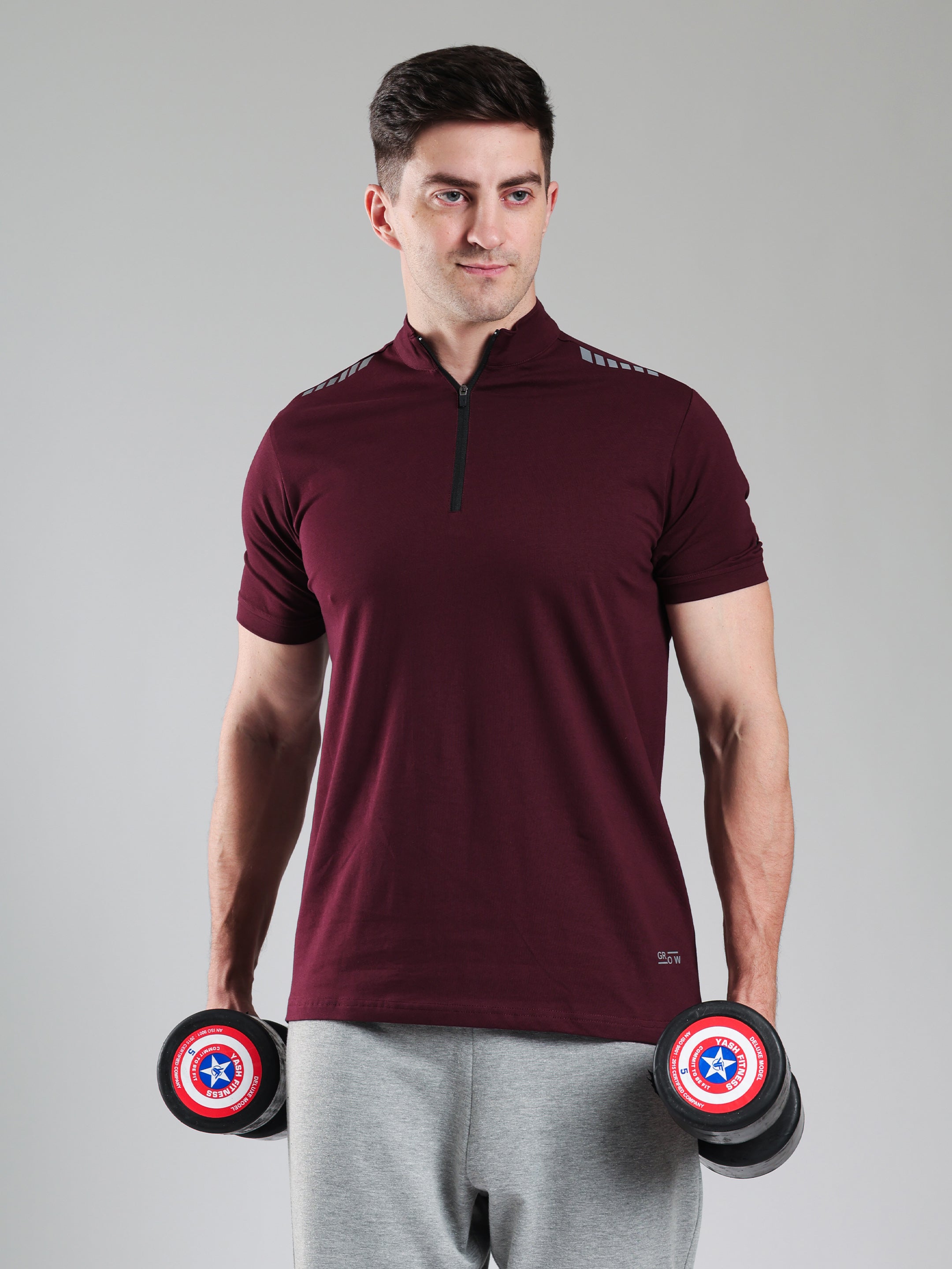 Quarter Zip Solid Half Sleeves Tshirt Wine
