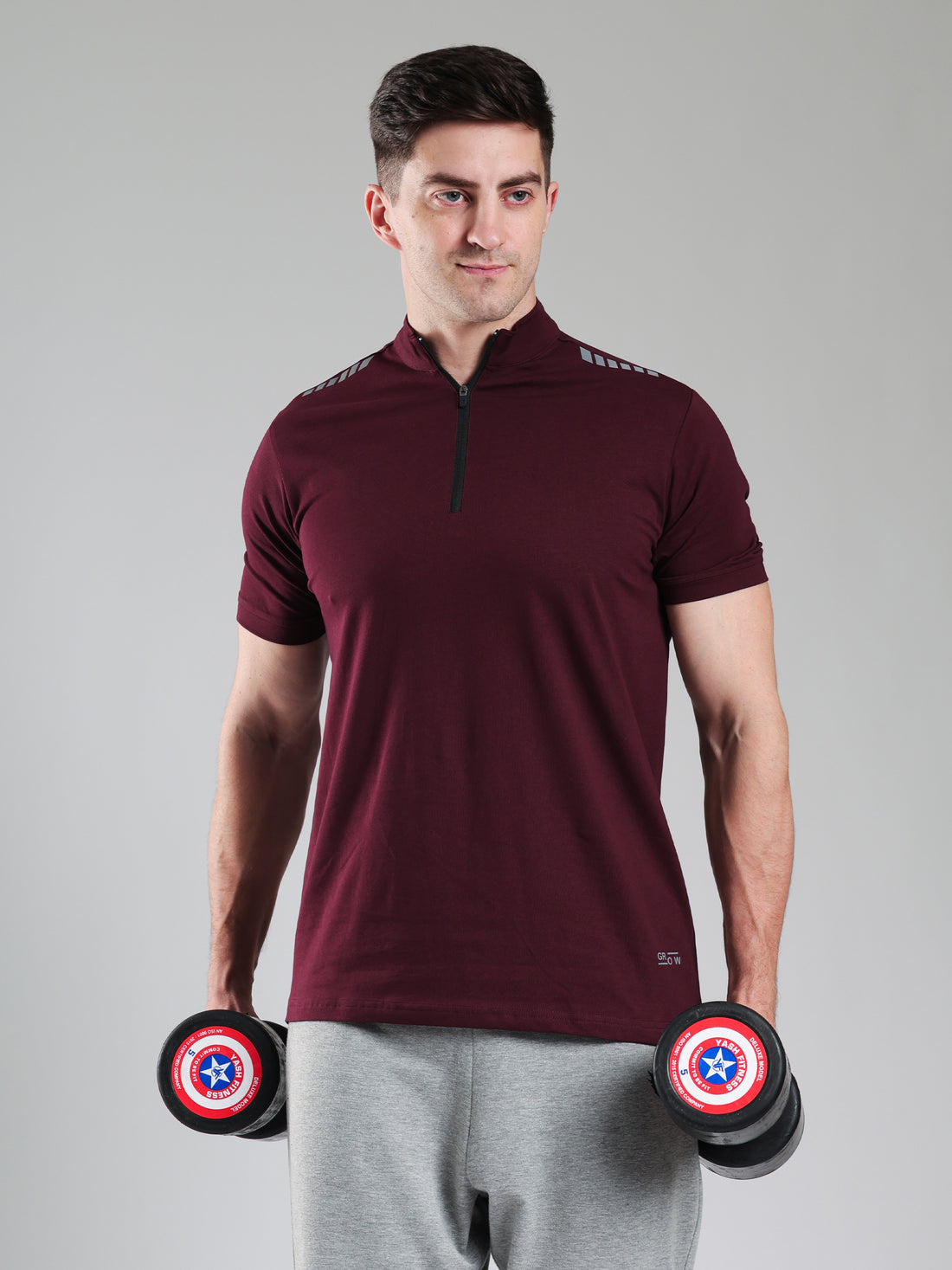 Quarter Zip Solid Half Sleeves Tshirt Wine