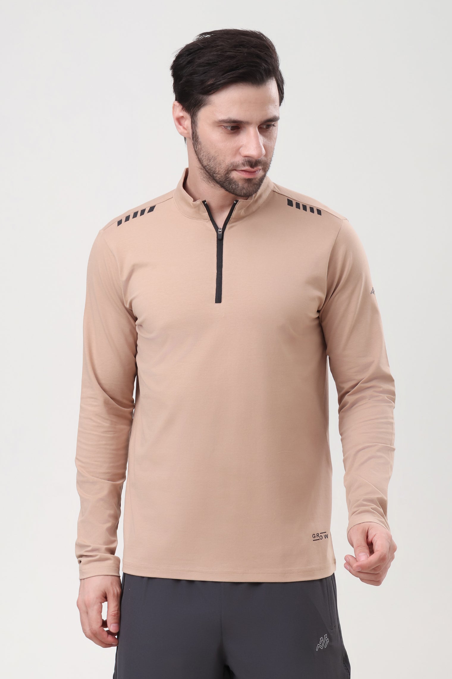 Quarter Zip Solid Full Sleeve T-Shirt (Cotton Feel) Skin