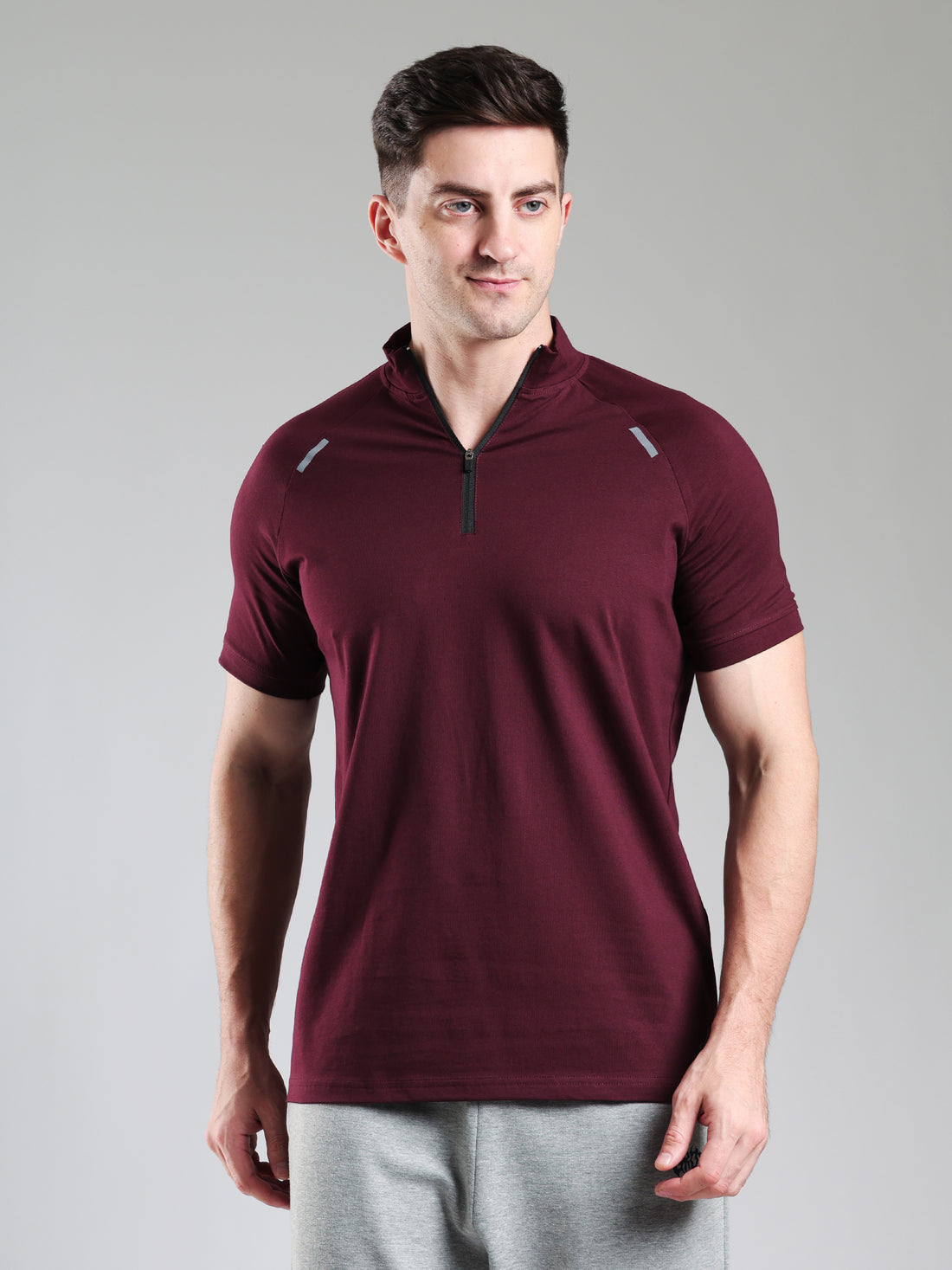 Raglan Quarter Zip Half Sleeves Tshirt Wine