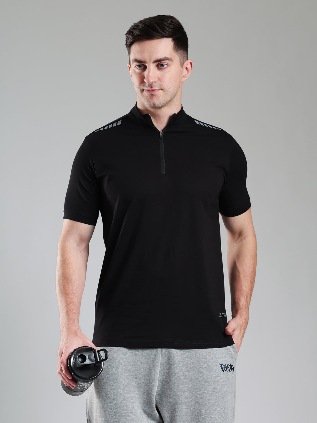 Quarter Zip Solid Half Sleeves Tshirt Black