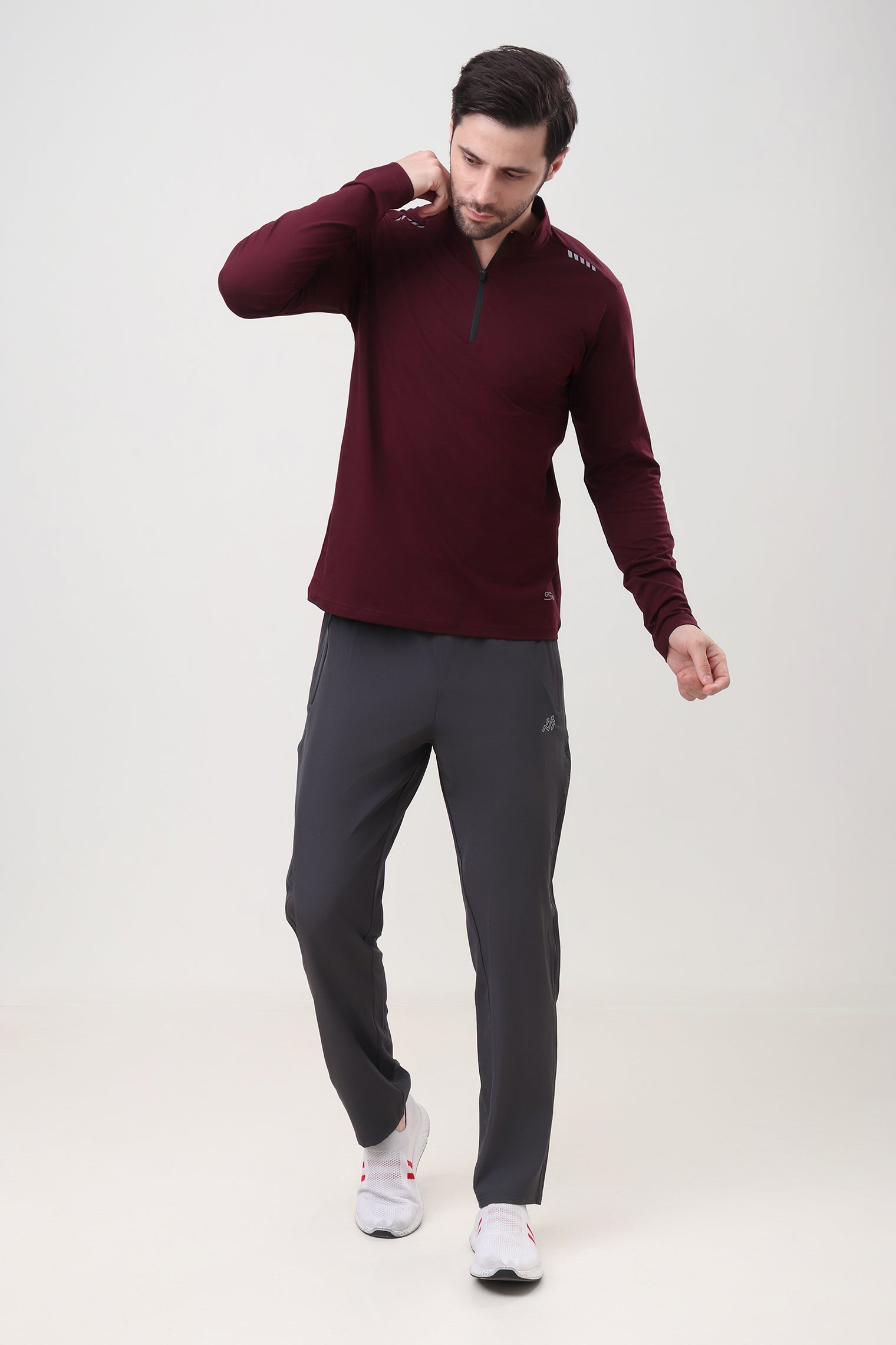 Quarter Zip Solid Full Sleeve T-Shirt (Cotton Feel) Wine