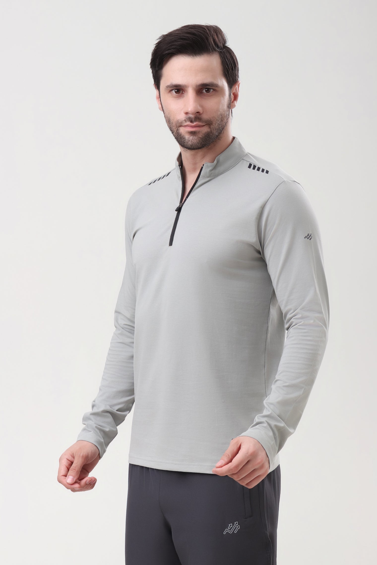 Quarter Zip Solid Full Sleeve T-Shirt (Cotton Feel) Light Grey