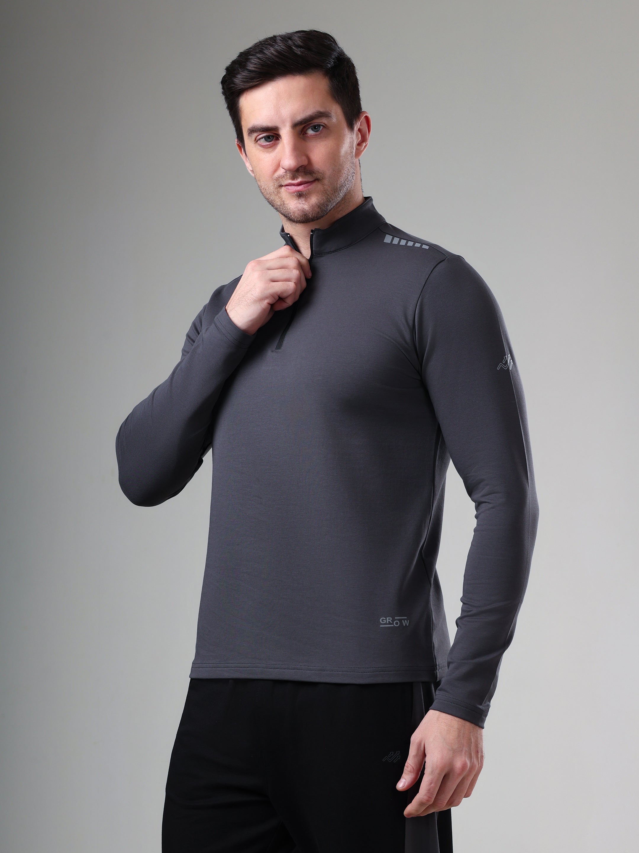 Quarter Zip Solid Full Sleeve T-Shirt (Cotton Feel) Dark Grey