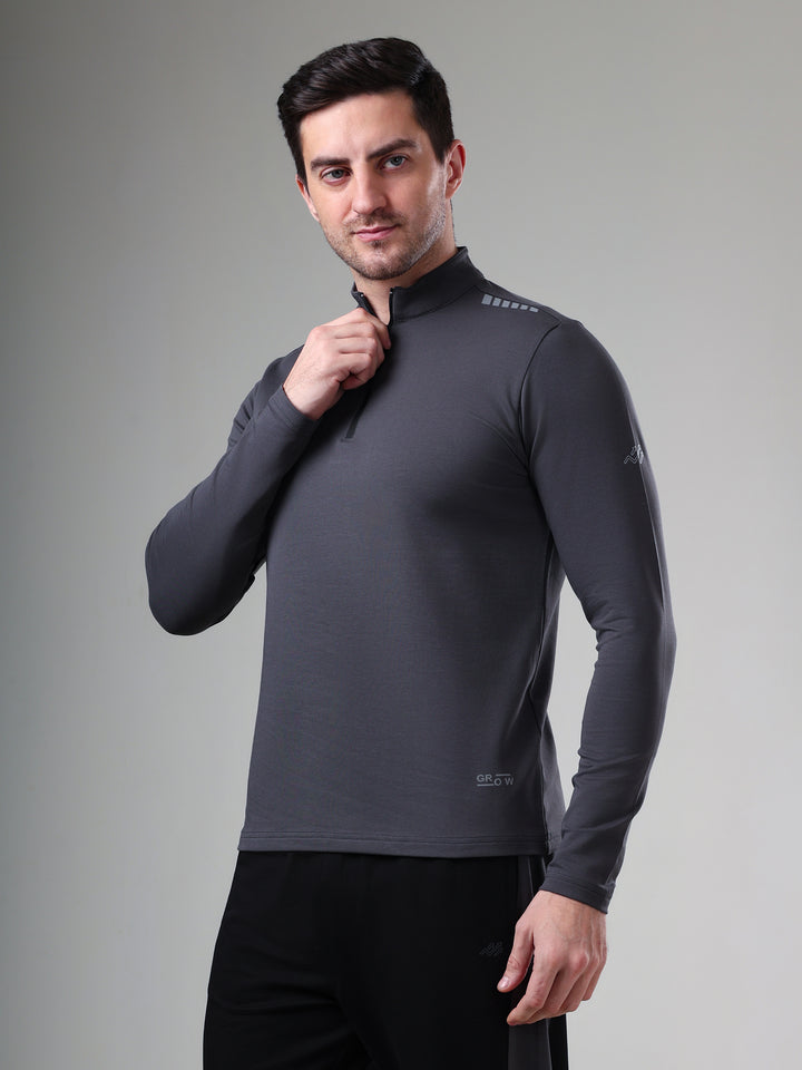 Quarter Zip Solid Full Sleeve T-Shirt (Cotton Feel) Dark Grey