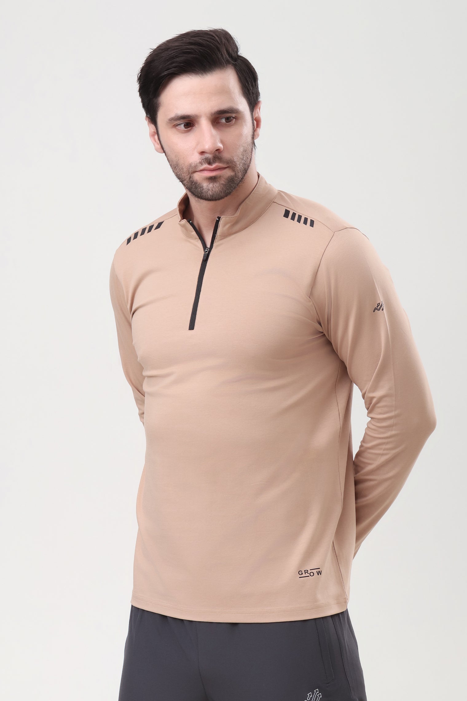 Quarter Zip Solid Full Sleeve T-Shirt (Cotton Feel) Skin