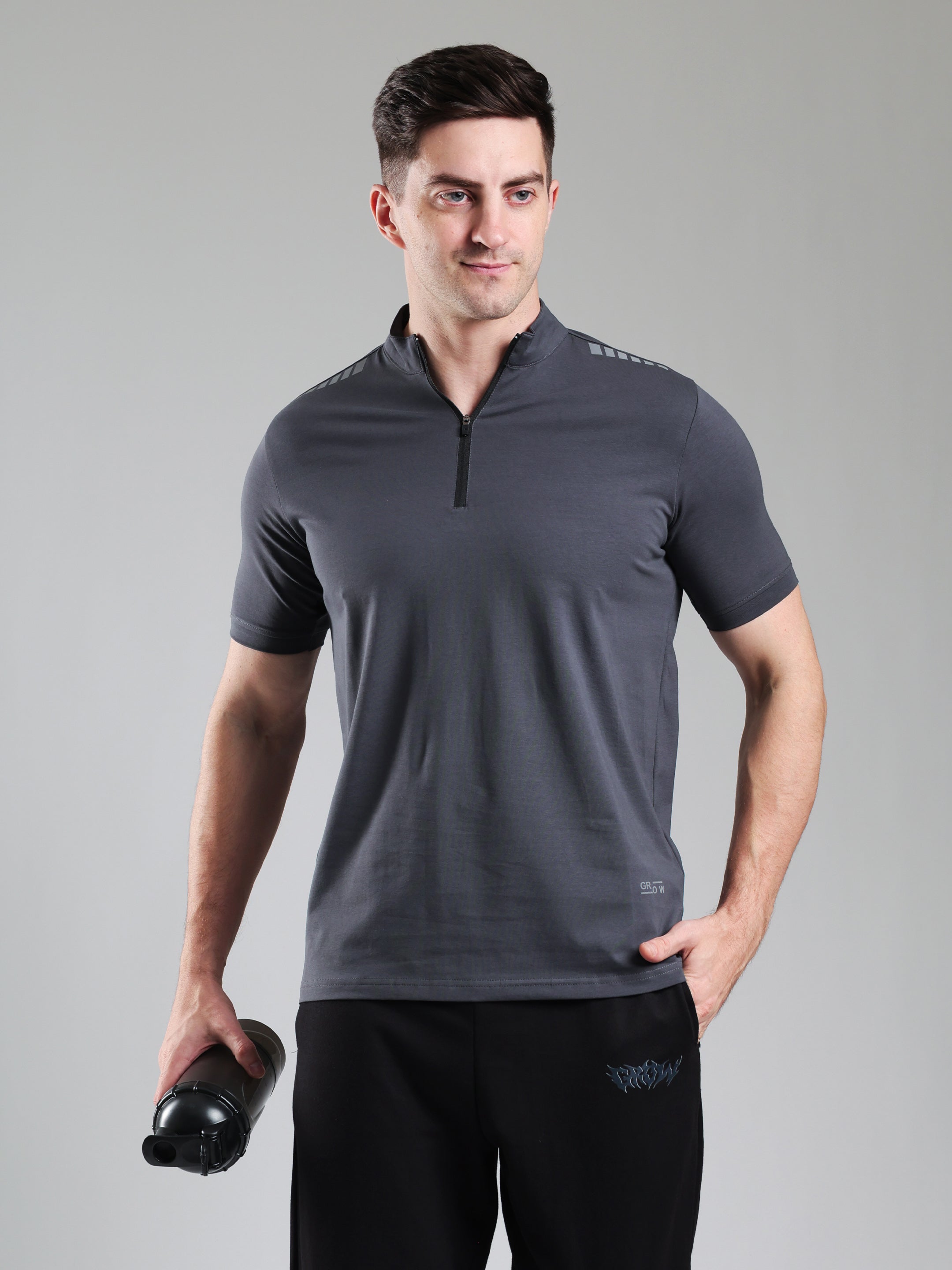 Quarter Zip Solid Half Sleeves Tshirt Dark Grey