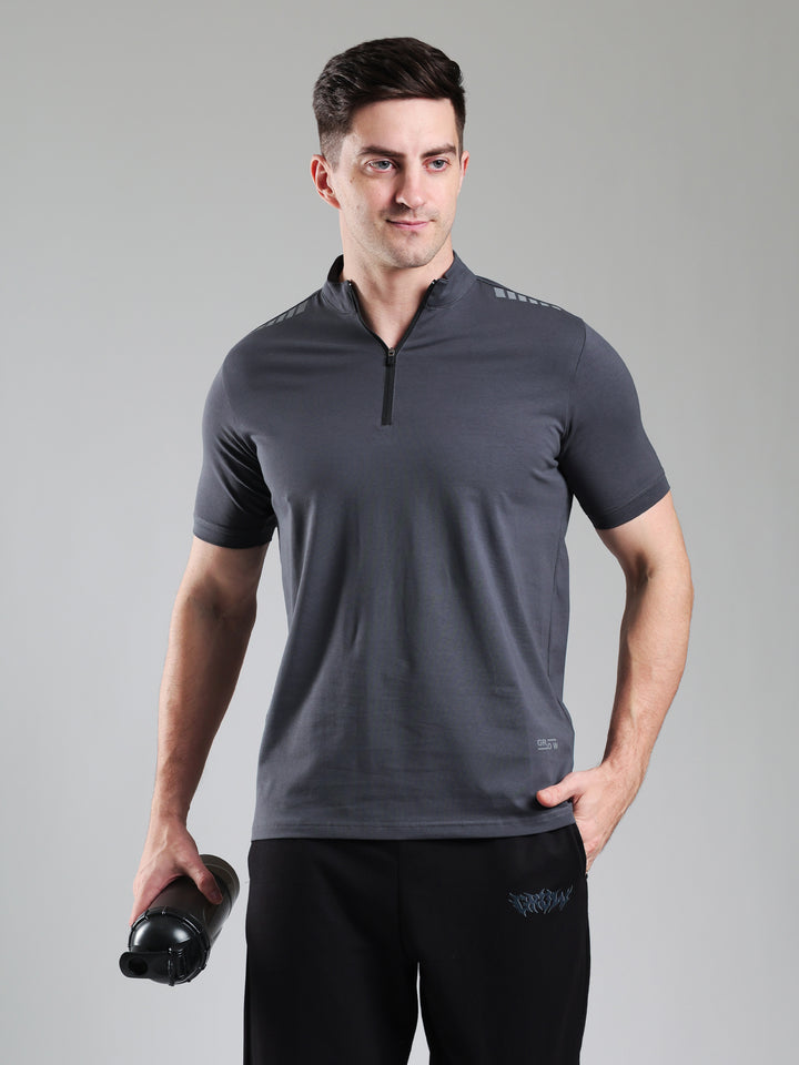 Quarter Zip Solid Half Sleeves Tshirt Dark Grey