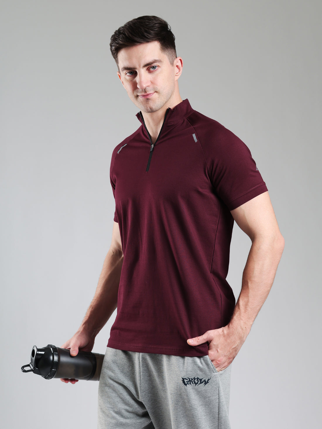 Raglan Quarter Zip Half Sleeves Tshirt Wine