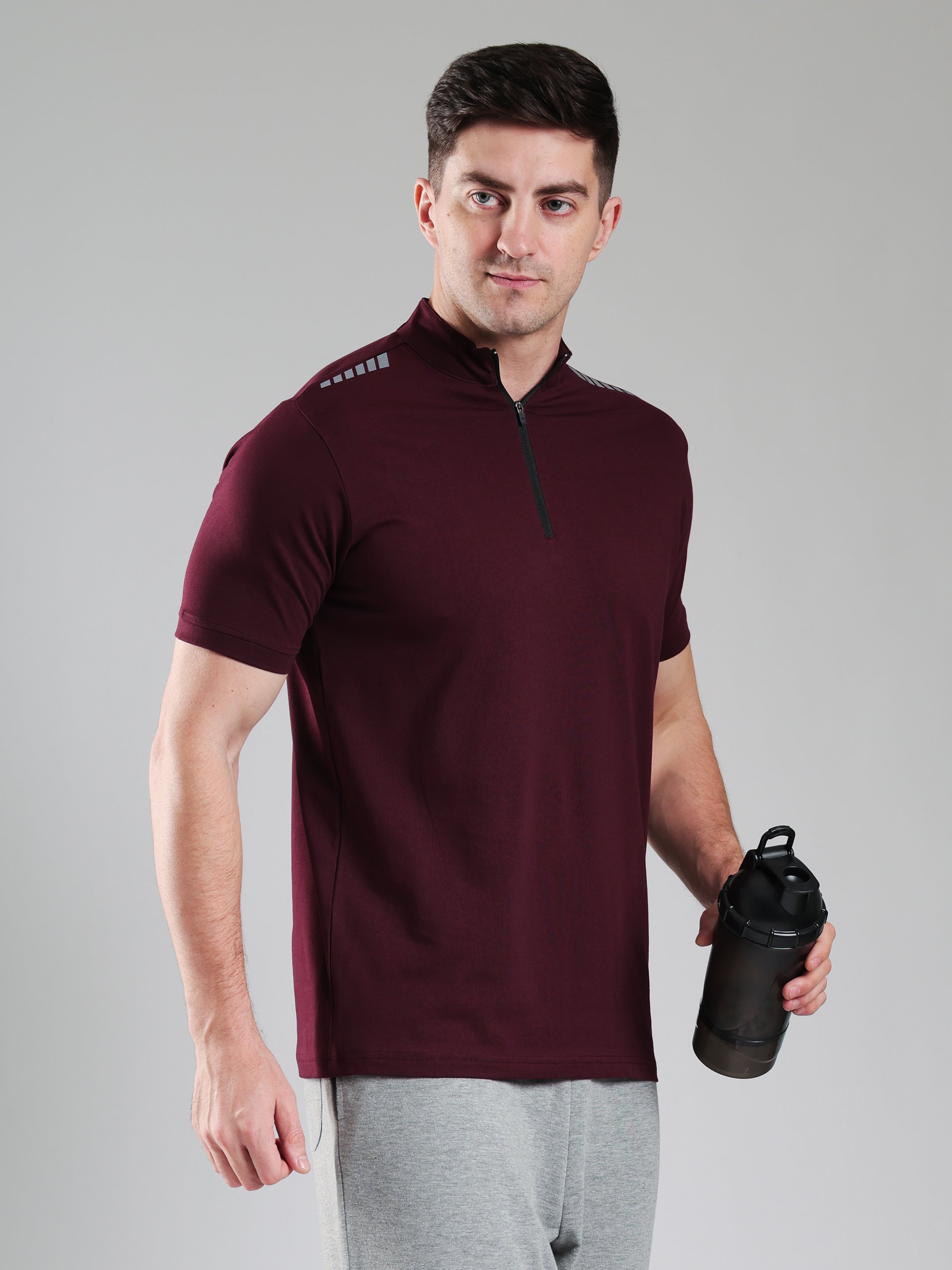 Quarter Zip Solid Half Sleeves Tshirt Wine
