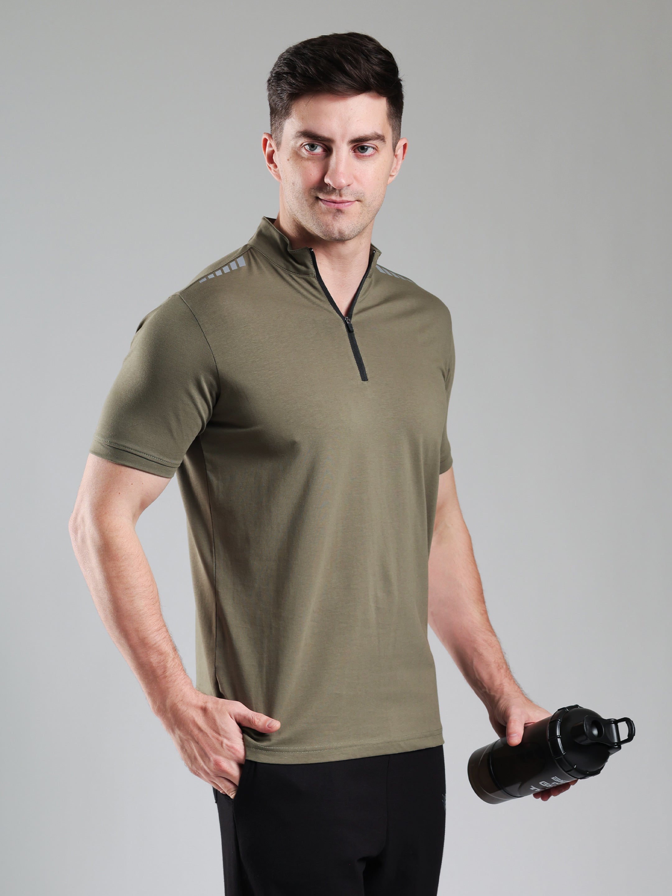 Quarter Zip Solid Half Sleeves Tshirt Mid Grey