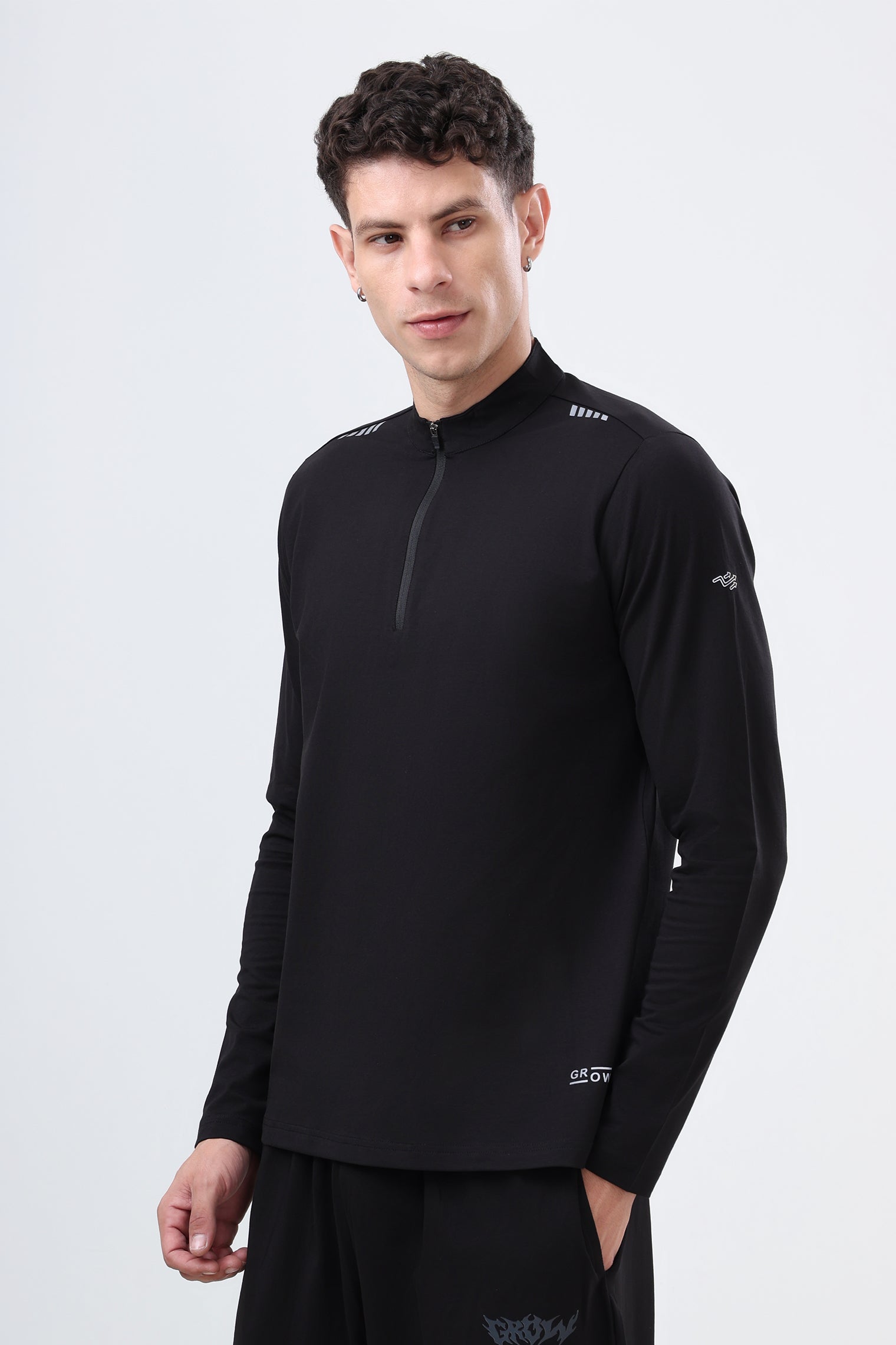 Quarter Zip Solid Full Sleeve T-Shirt (Cotton Feel) Black
