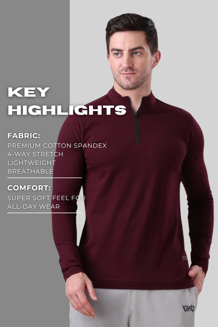 Wolf Quarter Zip T-Shirt (Cotton Feel) Wine