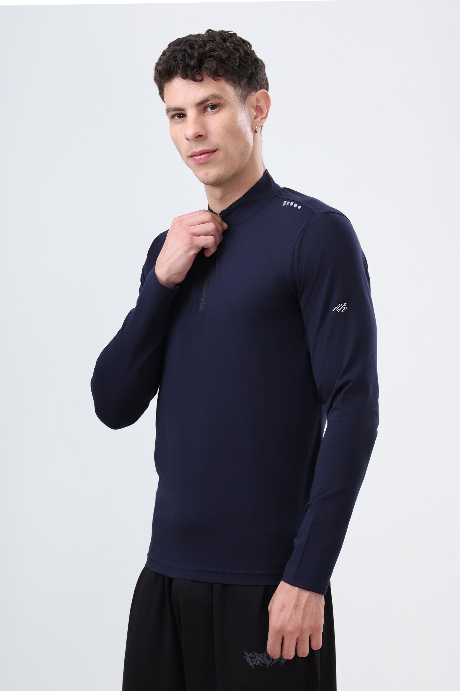 Quarter Zip Solid Full Sleeve T-Shirt (Cotton Feel) Navy