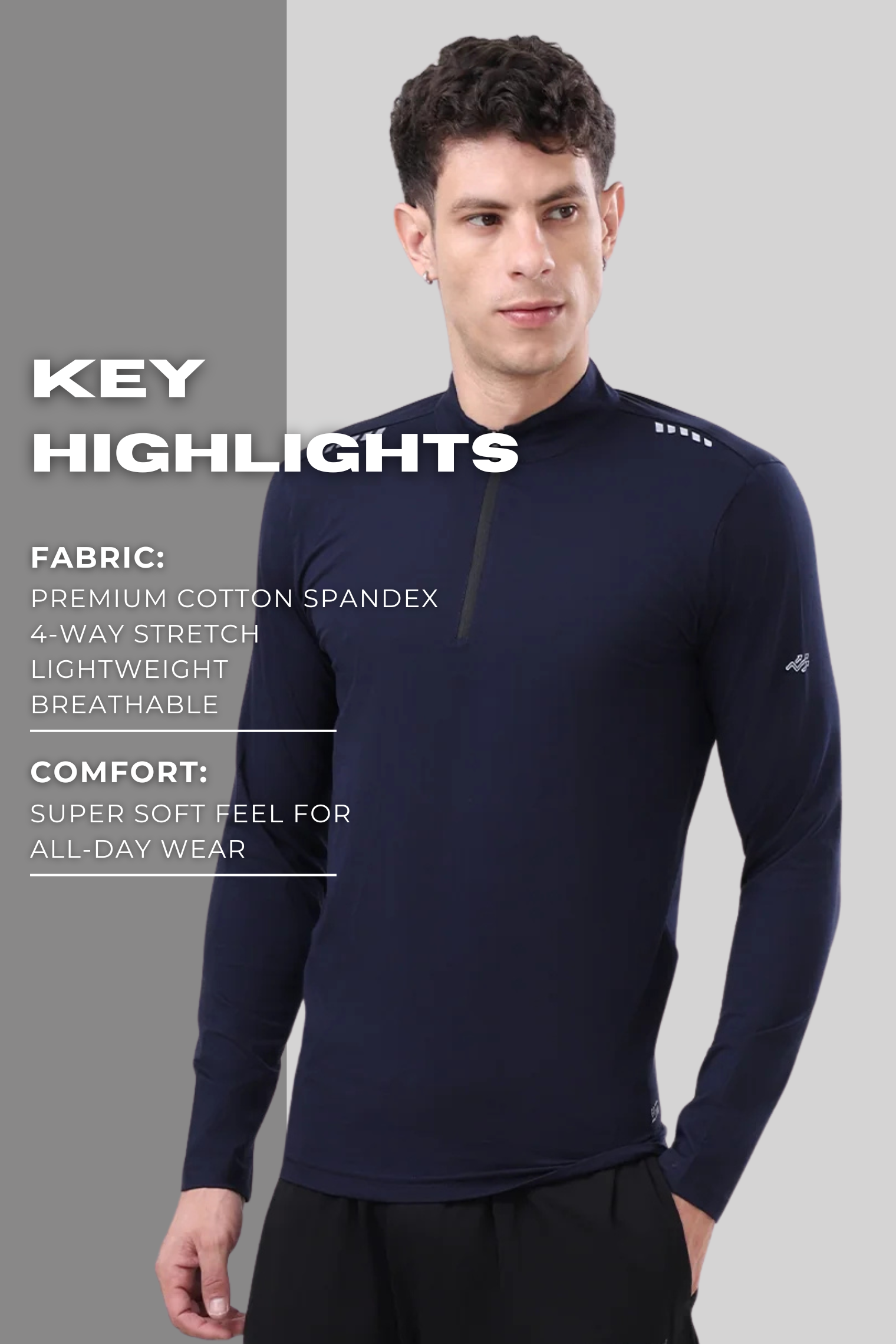Quarter Zip Solid Full Sleeve T-Shirt (Cotton Feel) Navy