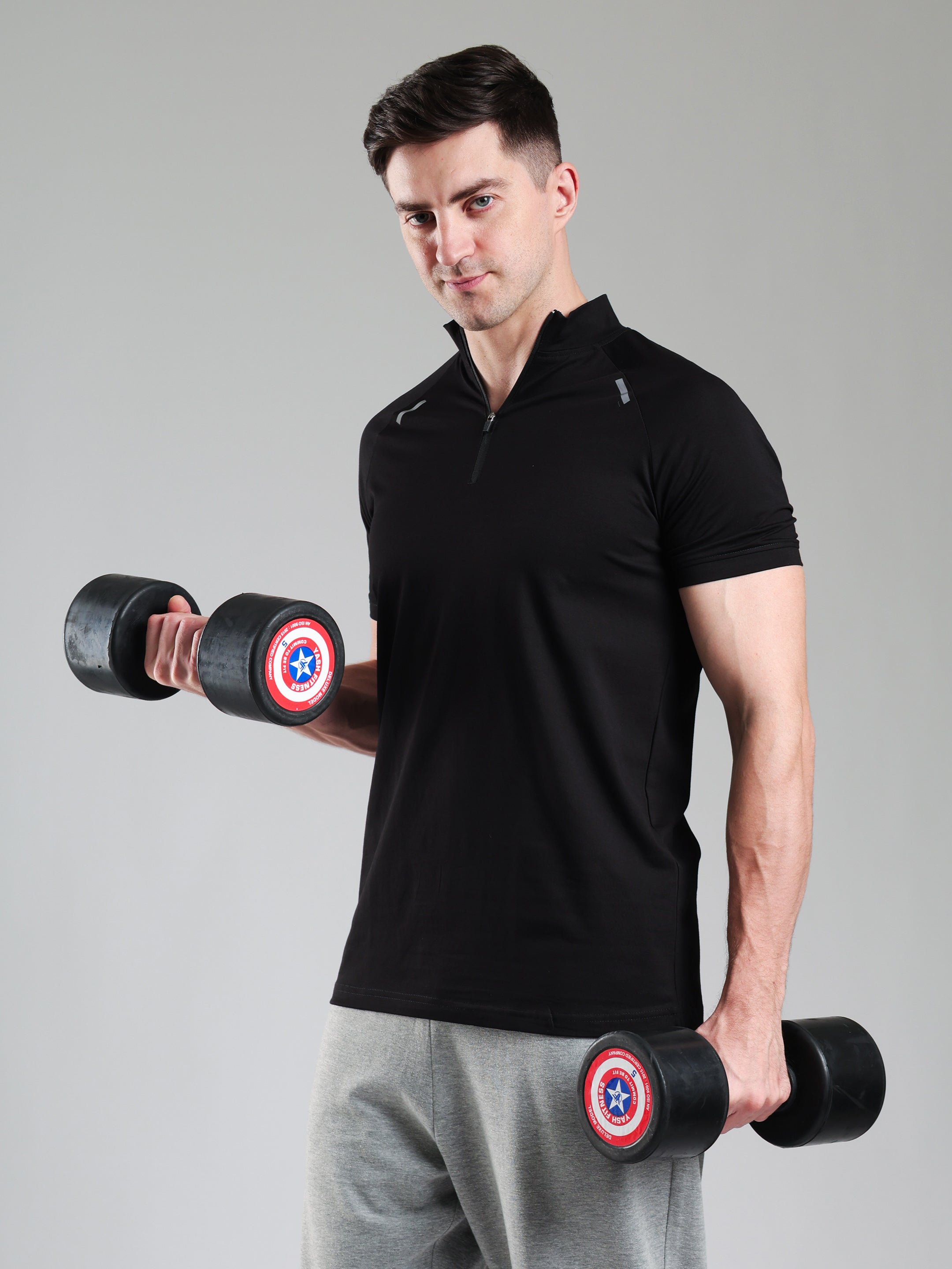 Raglan Quarter Zip Half Sleeves Tshirt Black