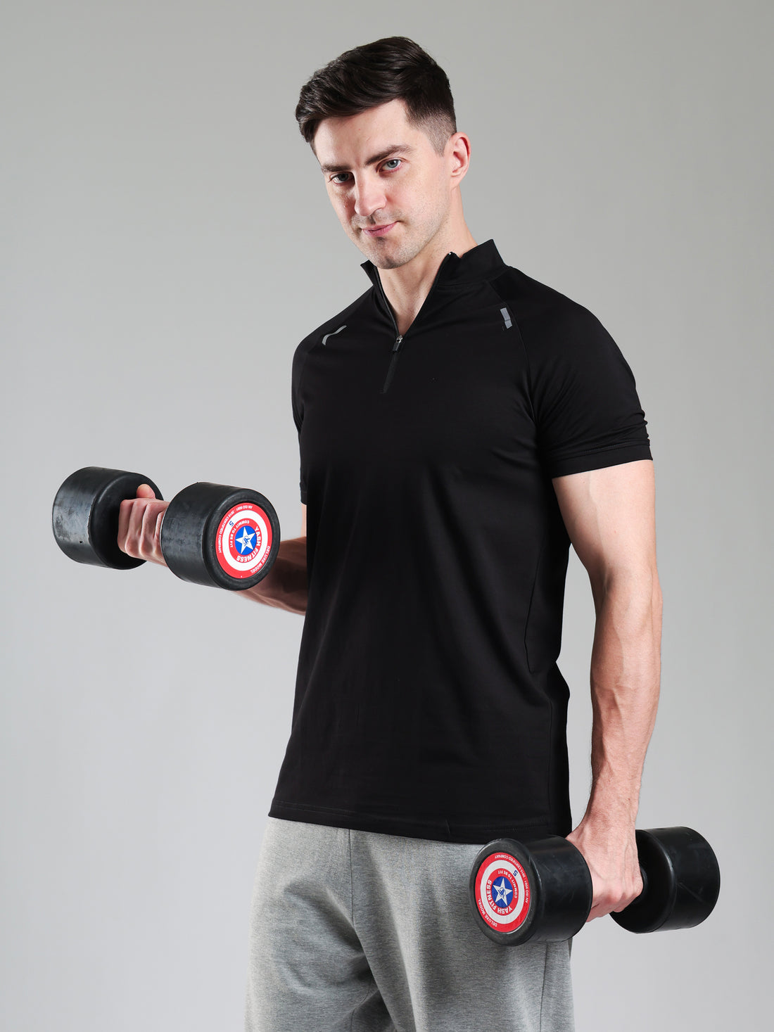 Raglan Quarter Zip Half Sleeves Tshirt Black