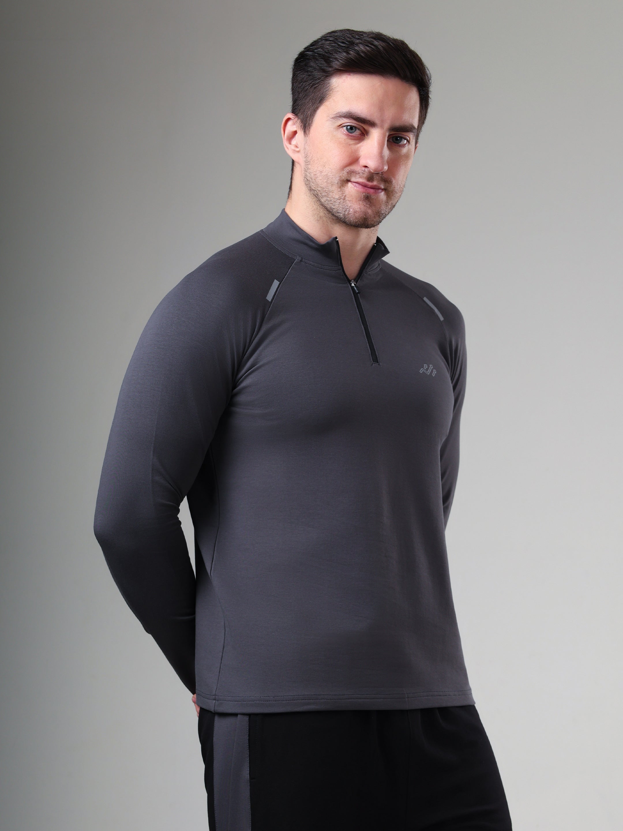 Raglan Quarter Zip T-Shirt (Cotton Feel) Dark Grey