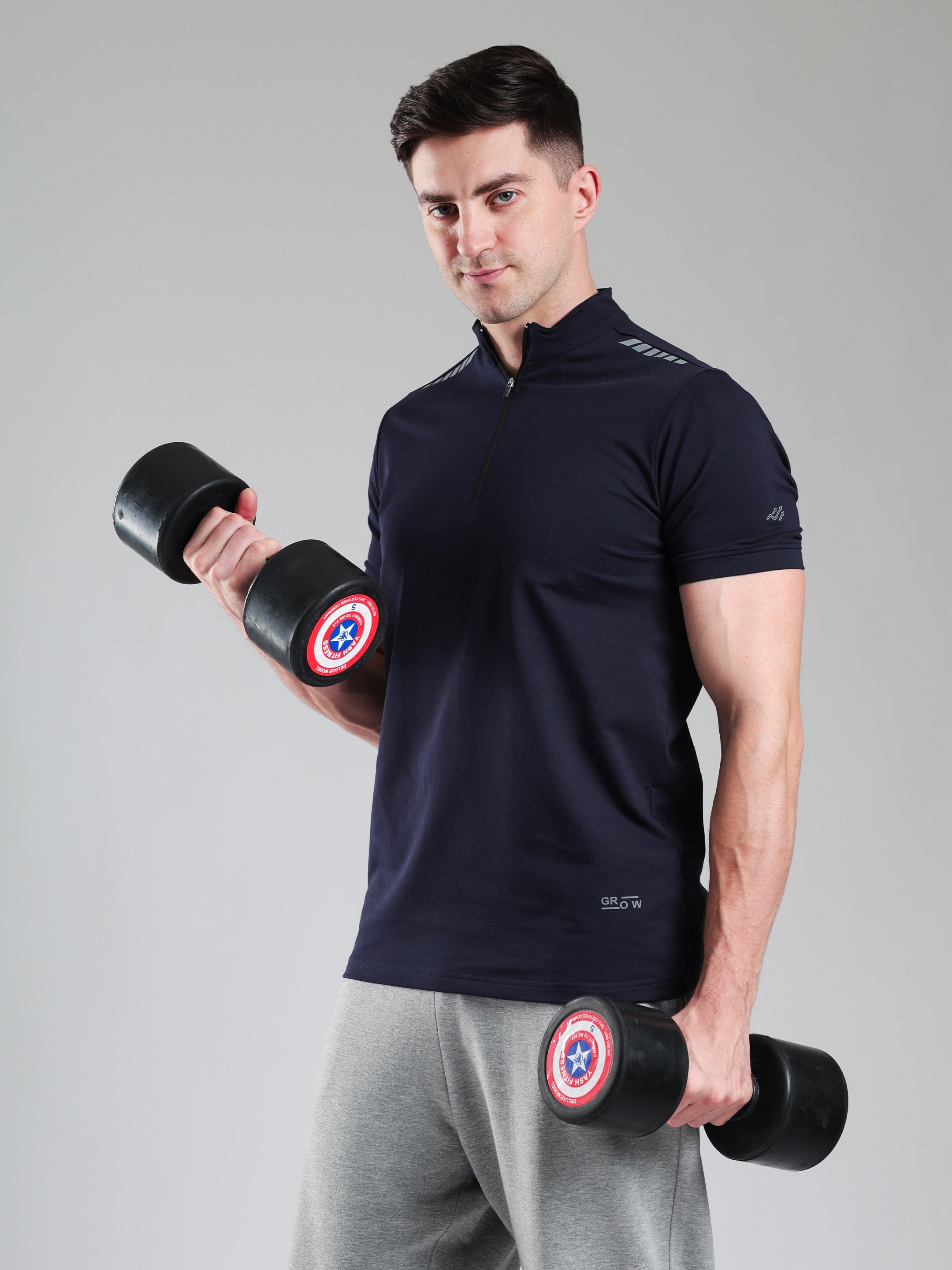 Quarter Zip Solid Half Sleeves Tshirt Navy