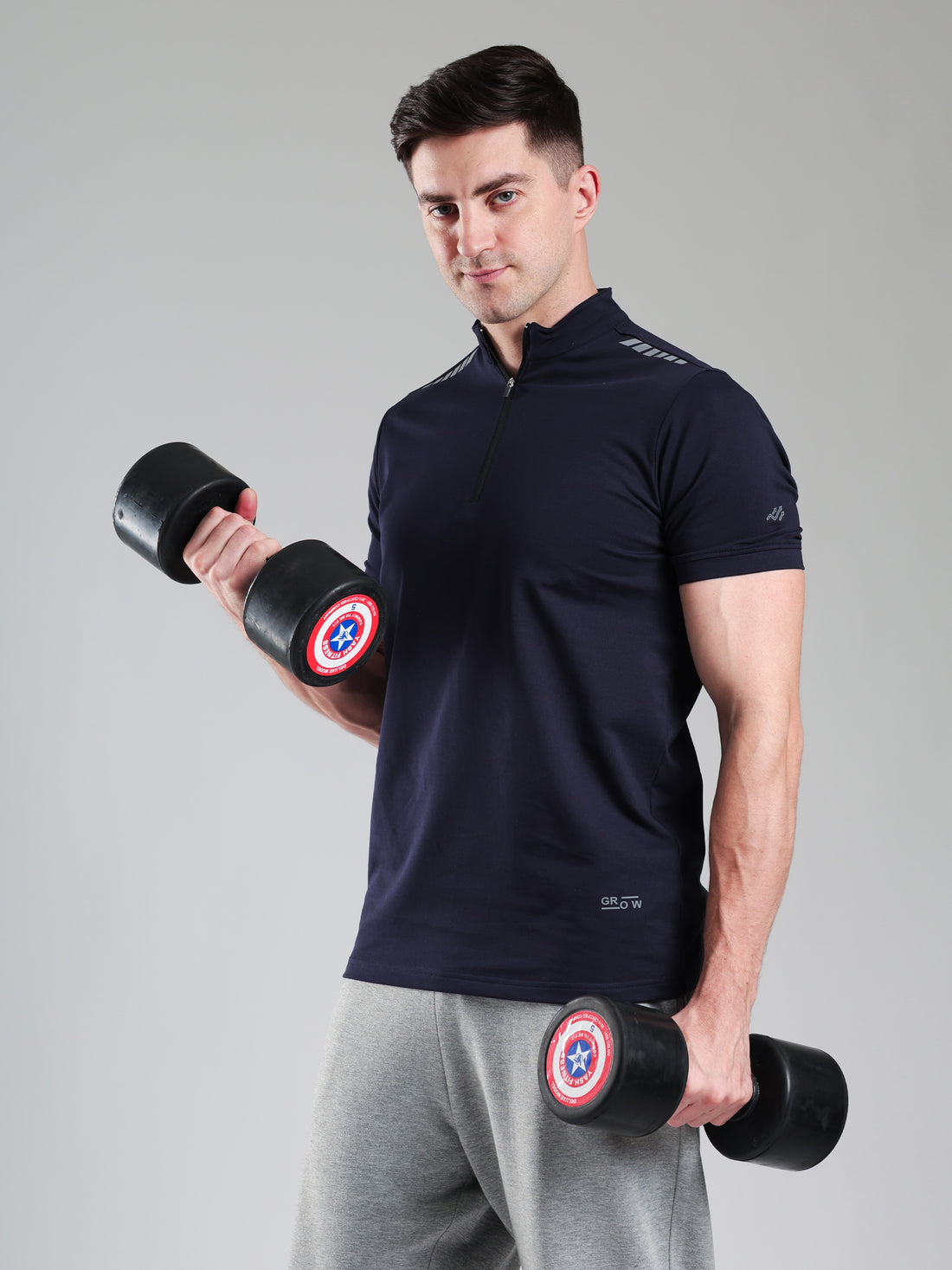 Quarter Zip Solid Half Sleeves Tshirt Navy