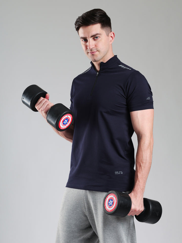 Quarter Zip Solid Half Sleeves Tshirt Navy