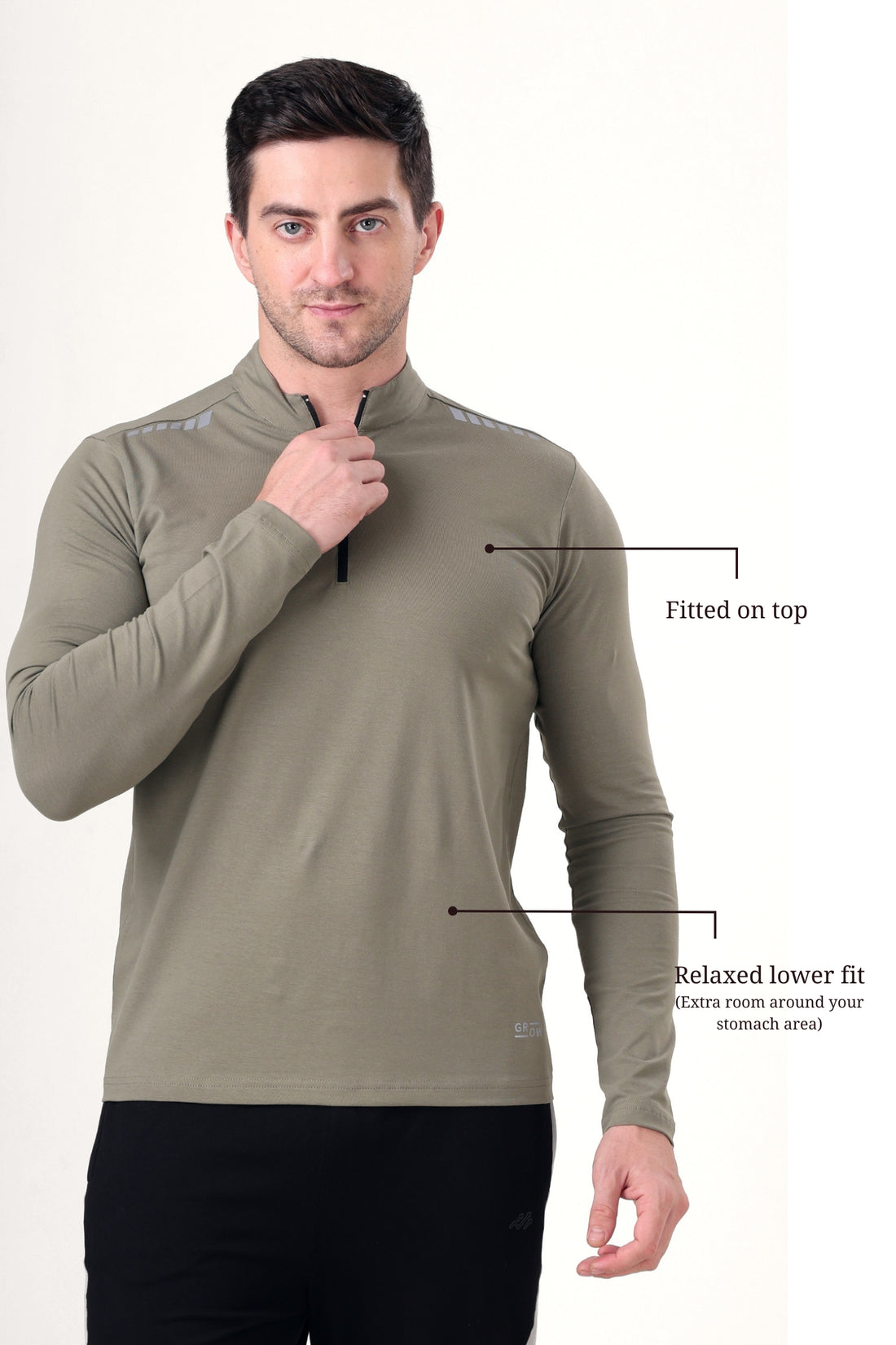 Quarter Zip Solid Full Sleeve T-Shirt (Cotton Feel) Mid Grey