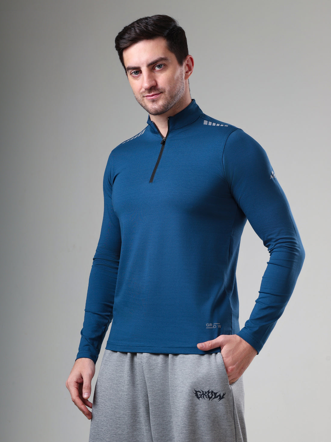 Quarter Zip Solid Full Sleeve T-Shirt (Cotton Feel) Airforce