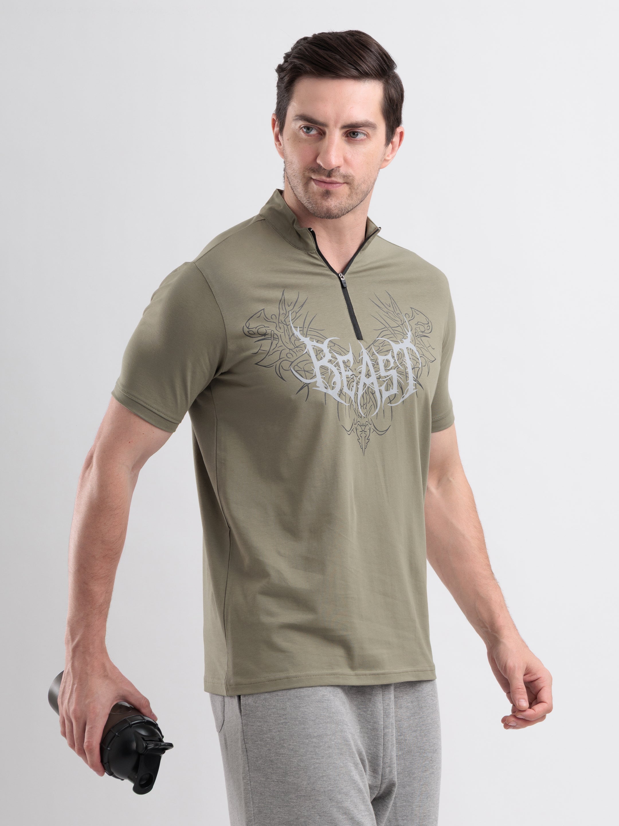 Beast Quarter Zip Tshirt Mid Grey