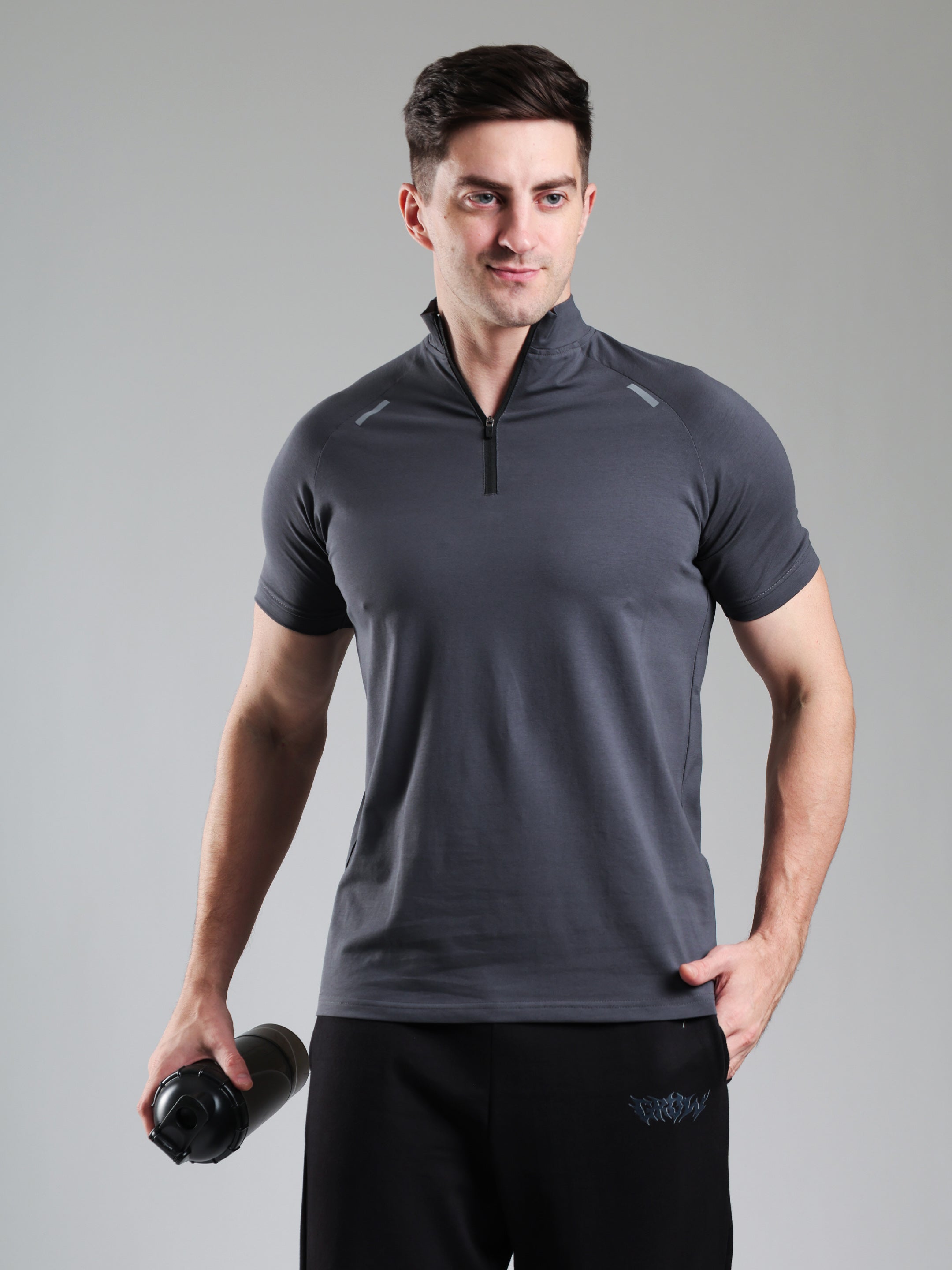 Raglan Quarter Zip Half Sleeves Tshirt Dark Grey