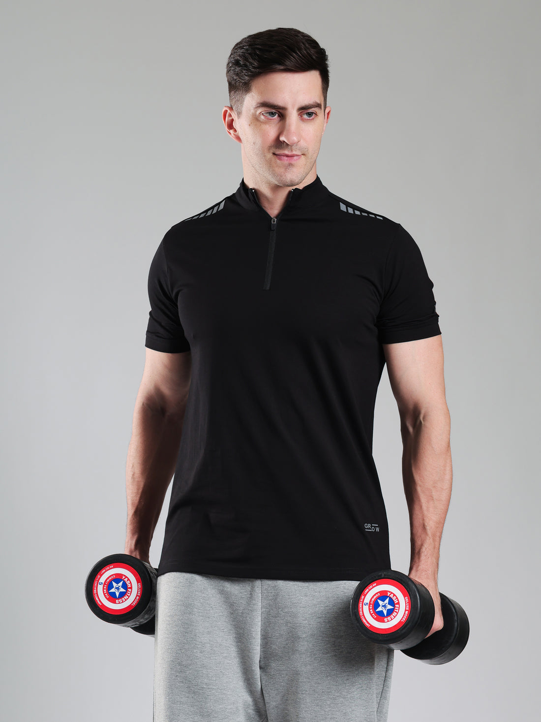 Quarter Zip Solid Half Sleeves Tshirt Black