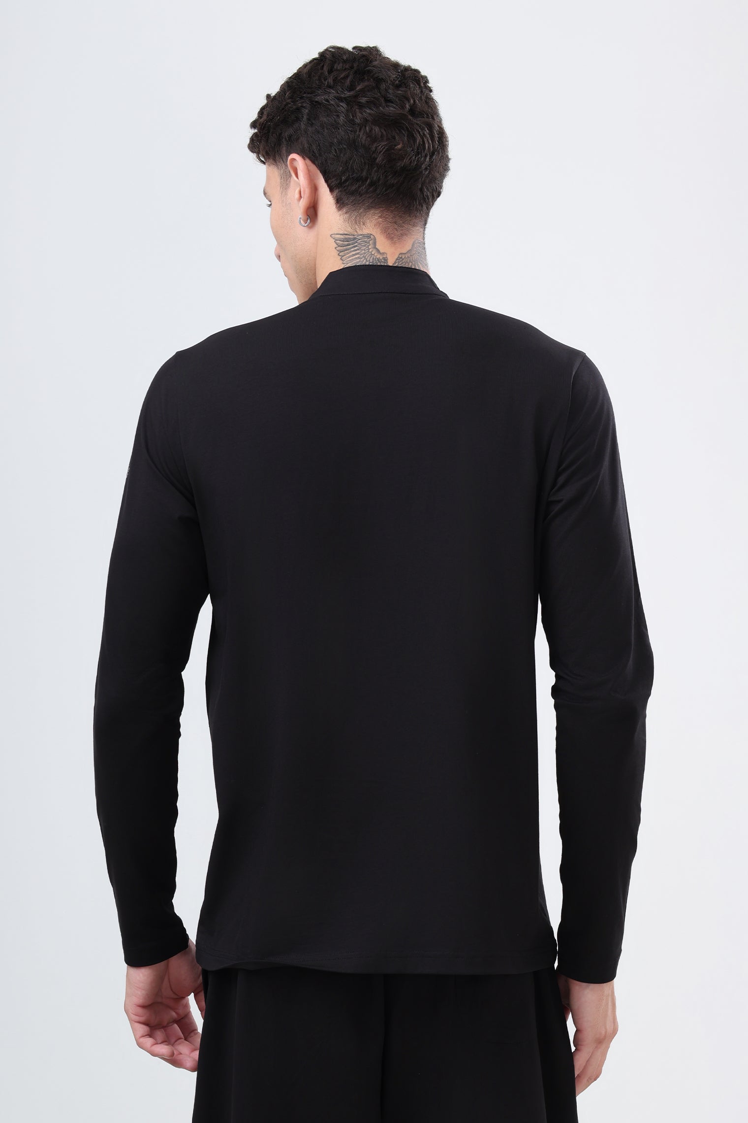 Quarter Zip Solid Full Sleeve T-Shirt (Cotton Feel) Black